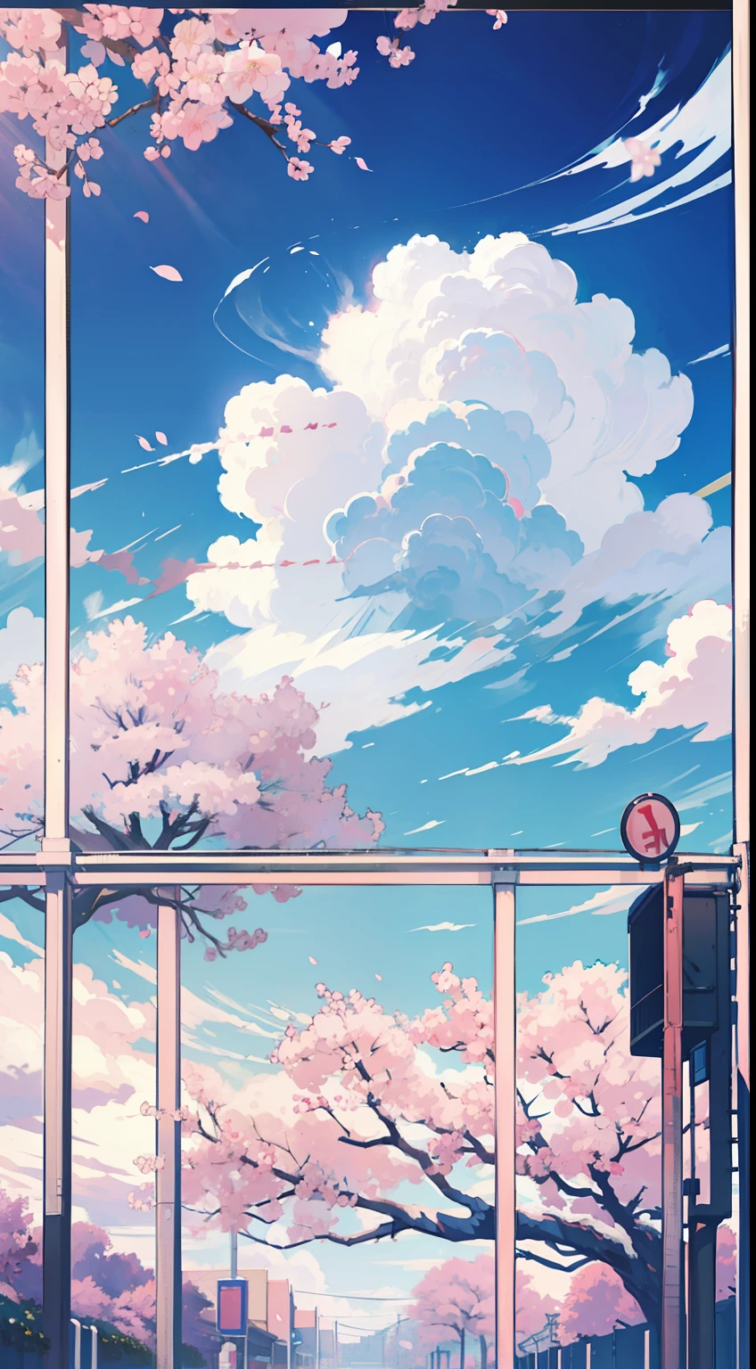 few cherry blossom and cloud only bg, 2d anime bg, simple, fresh, pastel blue and pink, simple bg, highschool rooftop pov, chain link fence