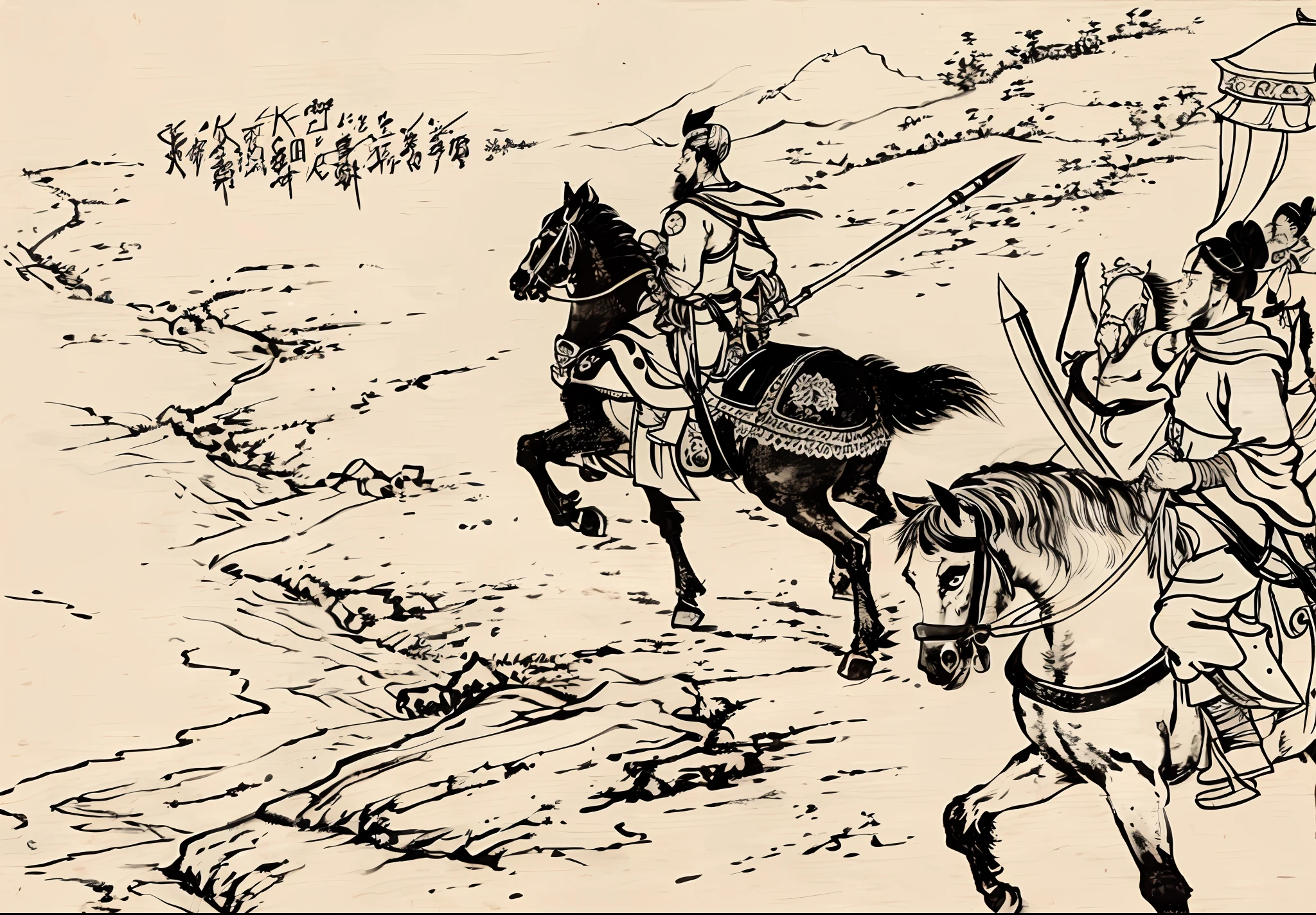 Guan yu, chinese three kingdoms,Ancient wars,ren xun and maruyama ōkyo, from three kingdoms, by Xuande Emperor, inspired by Sesshū Tōyō, Traditional Chinese Ink Painting, Three kingdoms,8K high-definition,Encaustic painting