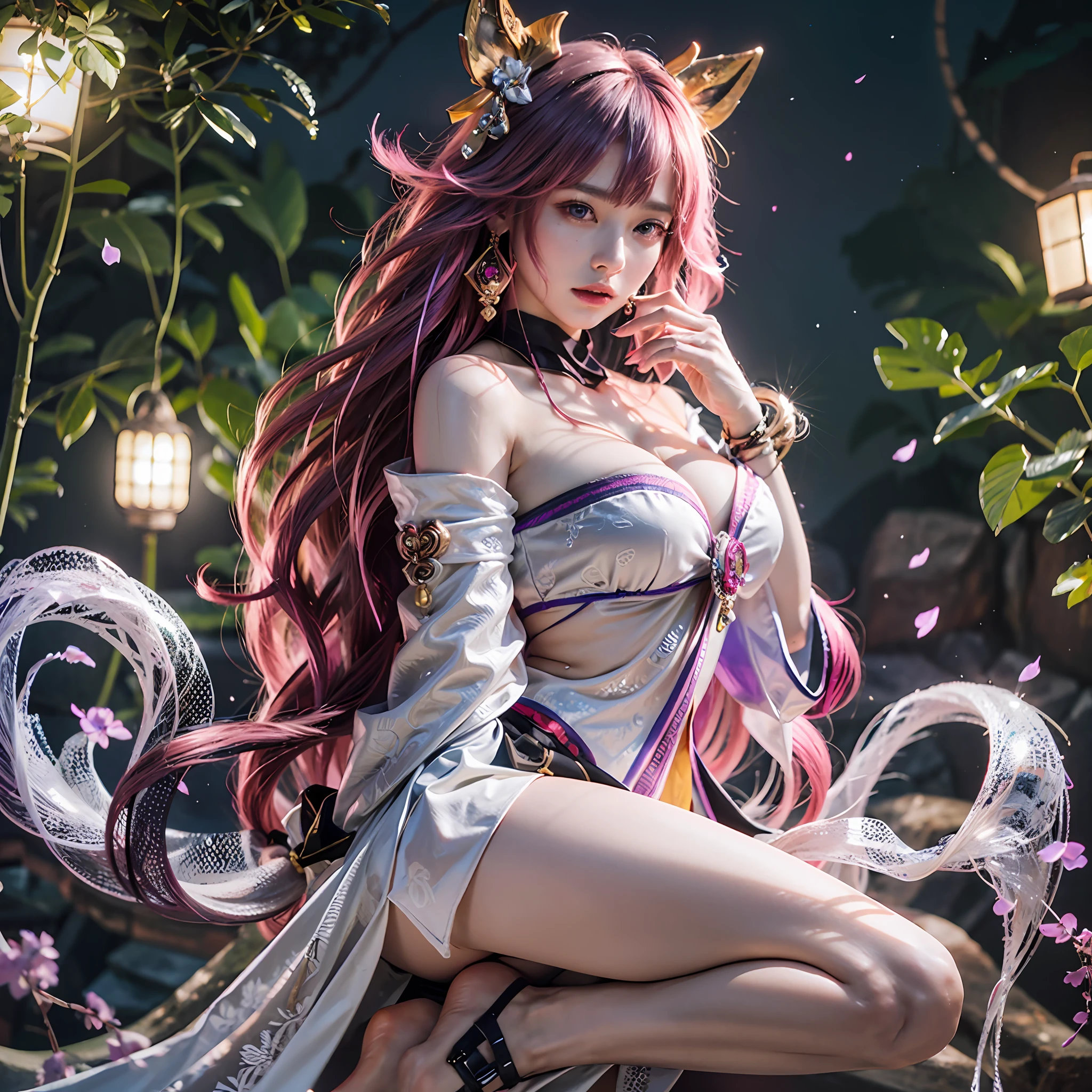 yae_miko, 1girl, pink hair, long hair, hair ornament, purple eyes, fox ears, earrings, jewelry on the chest, bare shoulders, detached sleeves, yae miko's clothes, bare legs, high heels, medium breast, (realistic:1.2), (realism:1.2), (masterpiece:1.2), (best quality), (ultra detailed), (intricate), (85mm), light particles, lighting, (highly detailed:1.2), (gradients), sfw, colorful, (detailed background), (rule of third_composition:1.3), (Line of action:1.2), wide shot, daylight, solo.