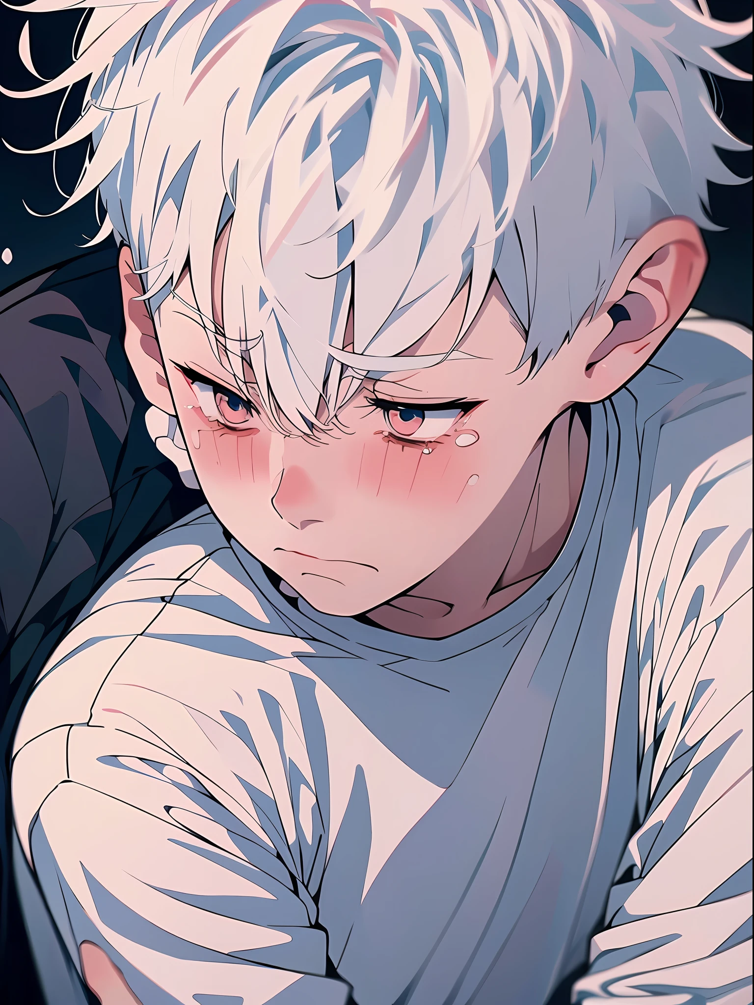 (anime style + soft cute) boy, white hair, white shirt, sadness + crying, ground + close-up, tears.