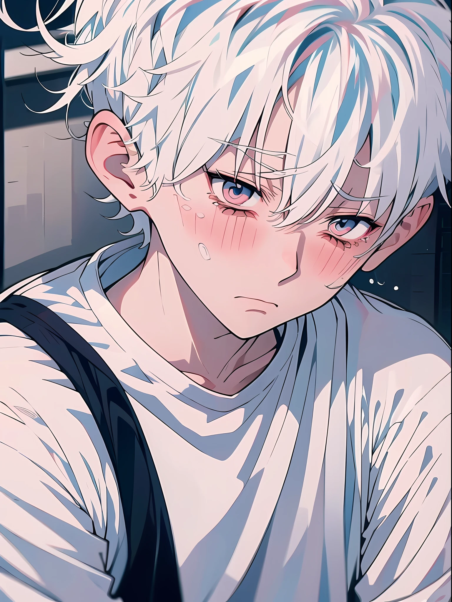 (anime style + soft cute) boy, white hair, white shirt, sadness + crying, ground + close-up, tears.