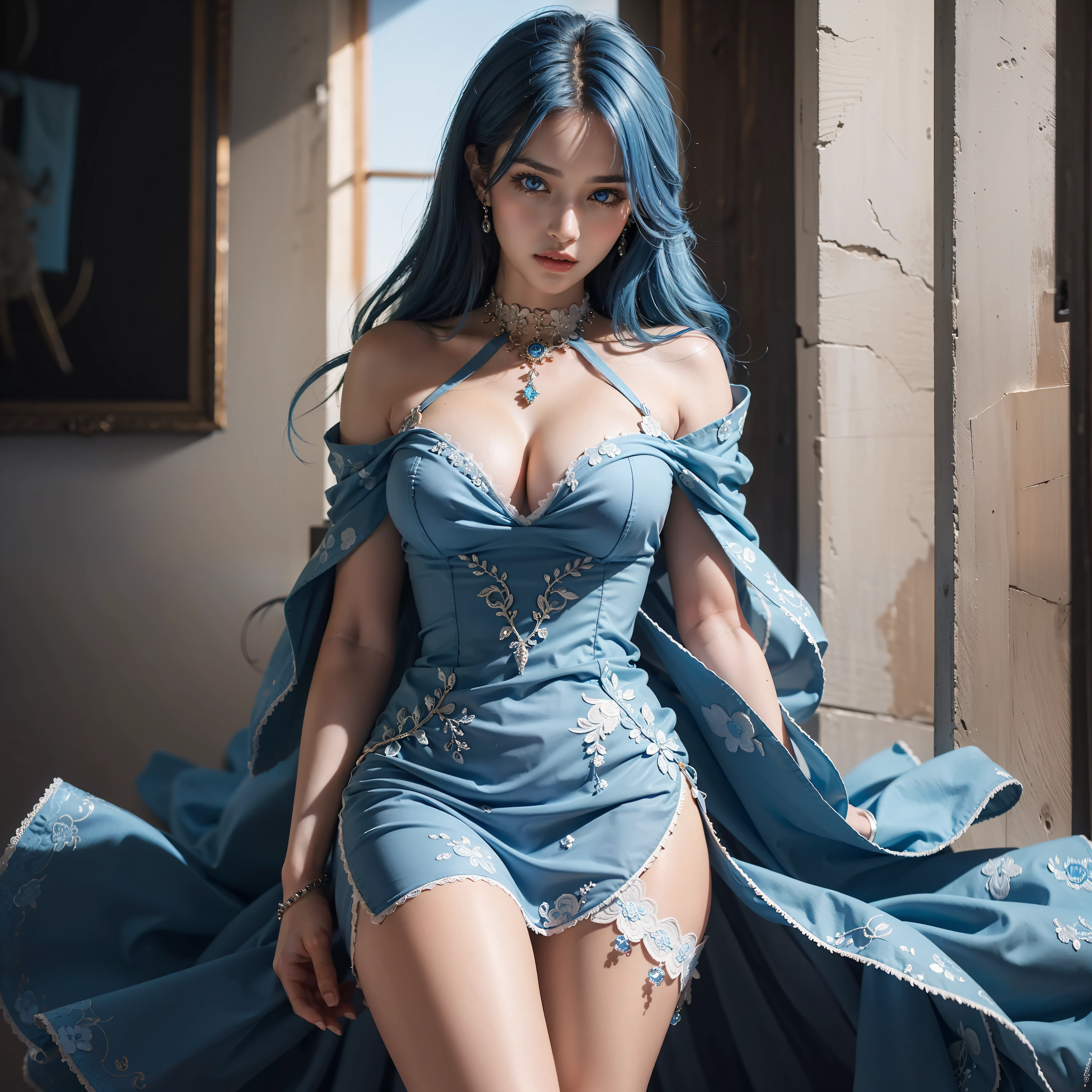 breath taking, beautiful young female, blue curly hair, blue eyes, long eye lashes, (Blue dress), (Ultra realistic), (Illustration), (High resolution), (8K), (Very detailed), (Best illustration), (Beautiful blue eyes), (Best quality), (Ultra detailed), (Masterpiece), (Detailed face), Solo, (Dynamic pose), 1 girl, Long legs,Detailedface