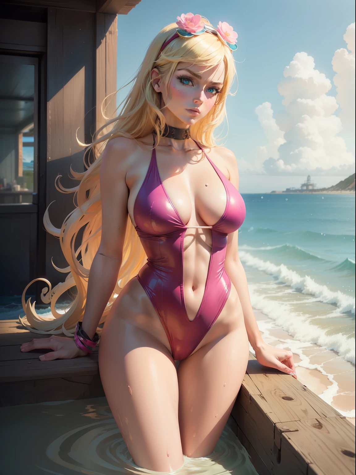 1 girl, [Jessica Nigri| Sara Sampaio] as a greek maiden with blonde hair, tentacle hair, A place flooded by the sea and with beach sand, A fairytale land where magical creatures live and thrive, Santa Monica Pier, looking off into the distance, straddling, jade eyes, anime coloring, (elaborate pink theme swimsuit:1. 1), (blonde:1. 2), one piece character, extremely detailed, neon pastel, Illustration, Portrait, Oil Painting, style of [Gregory Manchess| H. P. Lovecraft]1 girl, [Jessica Nigri| Sara Sampaio] as a greek maiden with blonde hair, tentacle hair, A place flooded by the sea and with beach sand, A fairytale land where magical creatures live and thrive, Santa Monica Pier, looking off into the distance, straddling, jade eyes, anime coloring, (elaborate pink theme swimsuit:1. 1), (blonde:1. 2), one piece character, extremely detailed, neon pastel, Illustration, Portrait, Oil Painting, style of [Gregory Manchess| H. P. Lovecraft]