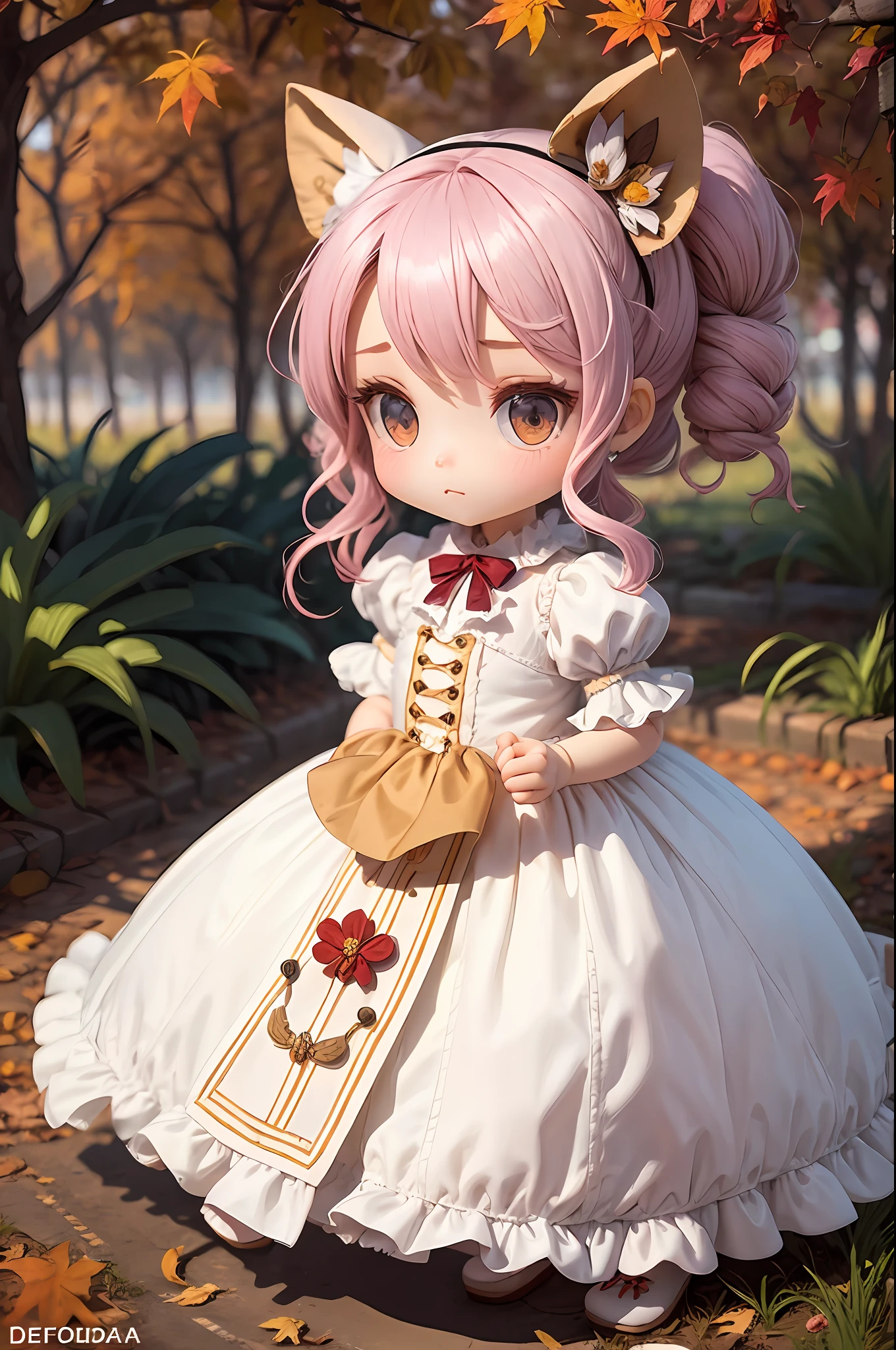 Uma personagem baby boneca girl, branca olhos castanhos, Chibi Style 3D HD well detailed autumn afternoon scenery in a deformed garden, deformed hand, dedos colados, duplicate heads, arte ruim, qualidade baixa, defective hands, dedos fundidos, fused hands, pernas deformadas --auto --s2