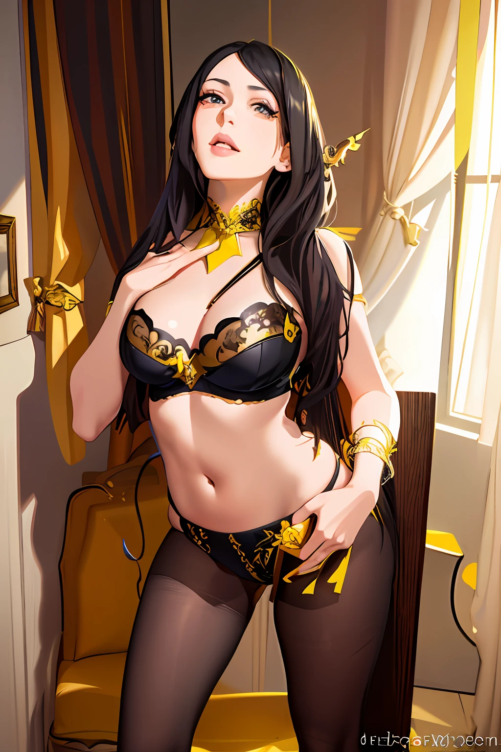anime - style illustration of a woman in yellow lingerie posing in a room, seductive lady, in yellow bikini, , extremely detailed artgerm, seductive anime girl, [ 4 k digital art ]!!, v from devil may cry as an elf, 2 b, 2b, ashe, beautiful alluring anime woman, highly detailed exquisite fanart, digital anime illustration, commission for high res