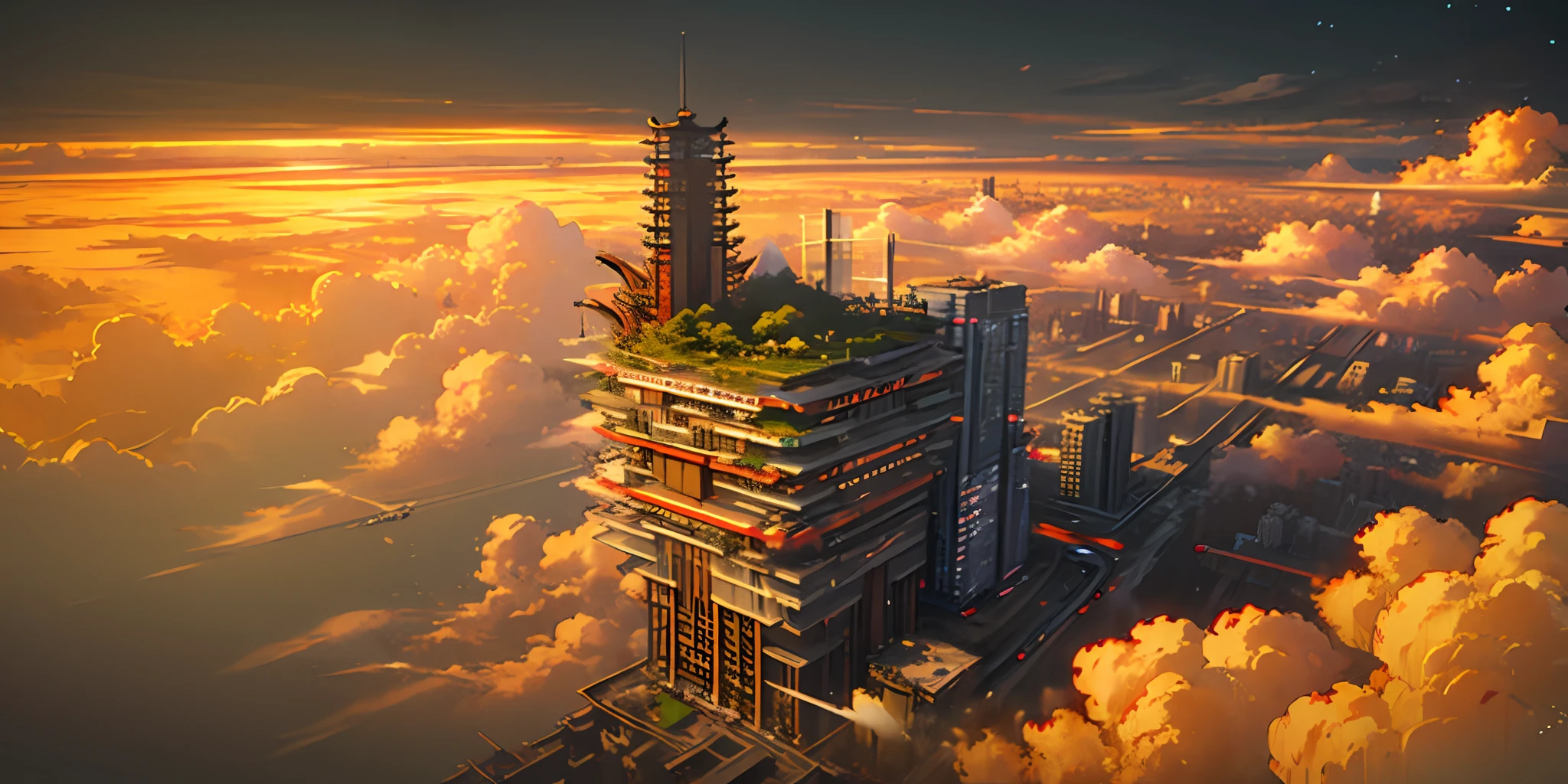 Chinese-style architecture,Vaporpunk,城市,Dense construction,A small number of tall buildings,the street,Rainy days,vapor,Cloud,A small number of fairy elements,Science fiction art,Wide angle lens,Top view