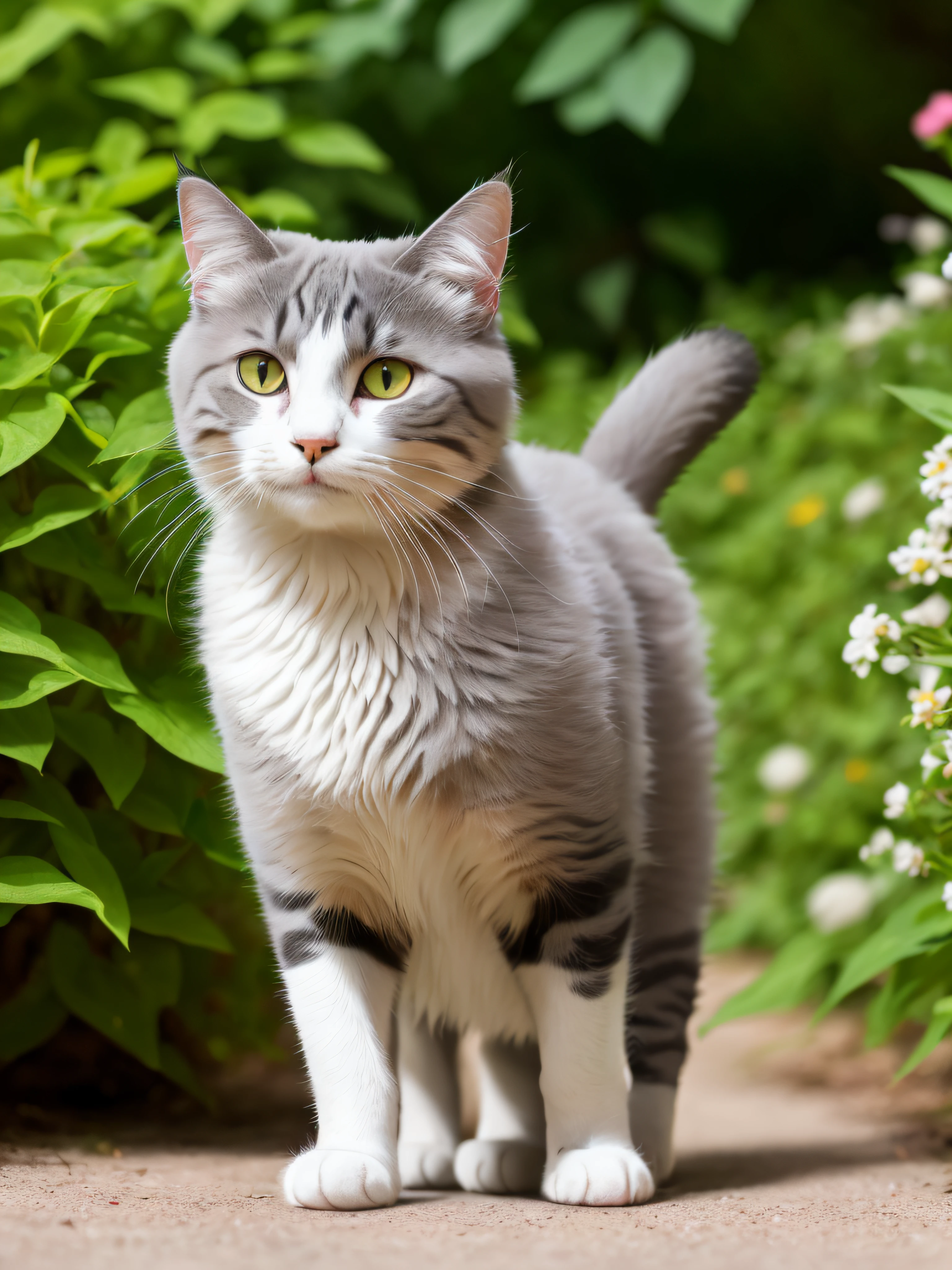 A cat, playful, mischievous, agile, curious eyes, fluffy tail, photorealistic style, captured with a Sony A7 III and a 50mm lens, soft natural lighting, vibrant outdoor garden environment.