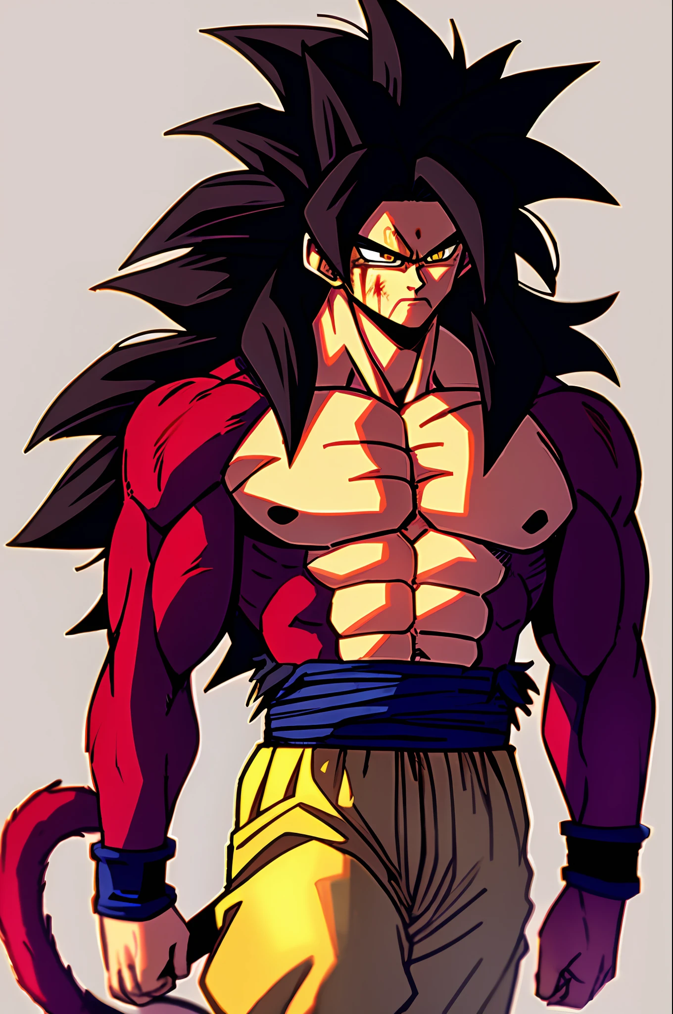 son goku, 1boy, arms at sides, artist name, baggy pants, biceps, black hair, blood, blood from mouth, blue sash, blue wristband, blurry, blurry background, body fur, closed mouth, collarbone, frown, long hair, looking away, looking to the side, male focus, monkey tail, muscular, muscular male, pants, pectorals, red fur, sash, scratches, serious, simple background, solo, spiked hair, standing, super saiyan, super saiyan 4, tail, torn clothes, twitter username, v-shaped eyebrows, wristband, yellow eyes, yellow pants, ((masterpiece))