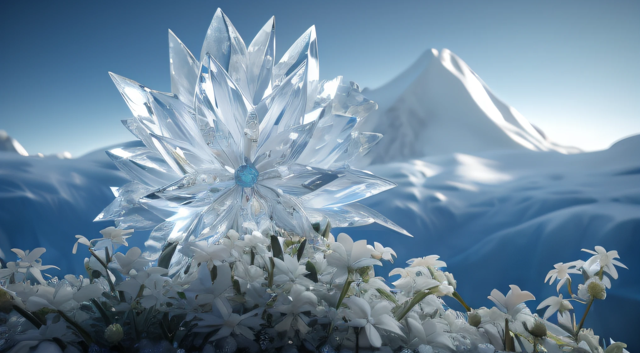 There is a large crystal flower in the middle of the flower field, Ice sunflower, beautiful flowers and crystals, rendered in houdini, icy, ice mountain, marc adamus, rendered in cinema 4 d, Rendered in Cinema4D, rendered in keyshot, rendered in povray, with frozen flowers around her, with a snowy mountain and ice