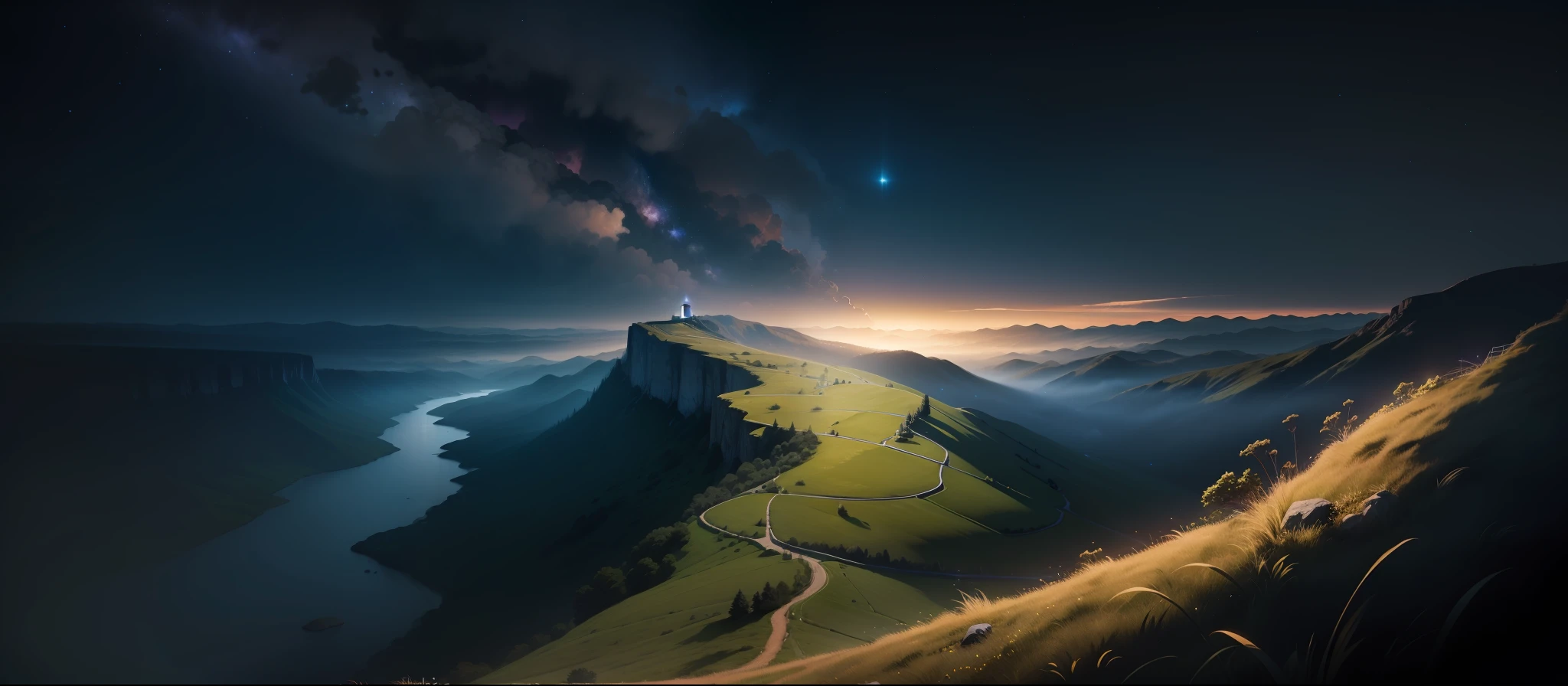 precipice，grass field，nigth，starrysky，Luminous beacon，Need，tmasterpiece