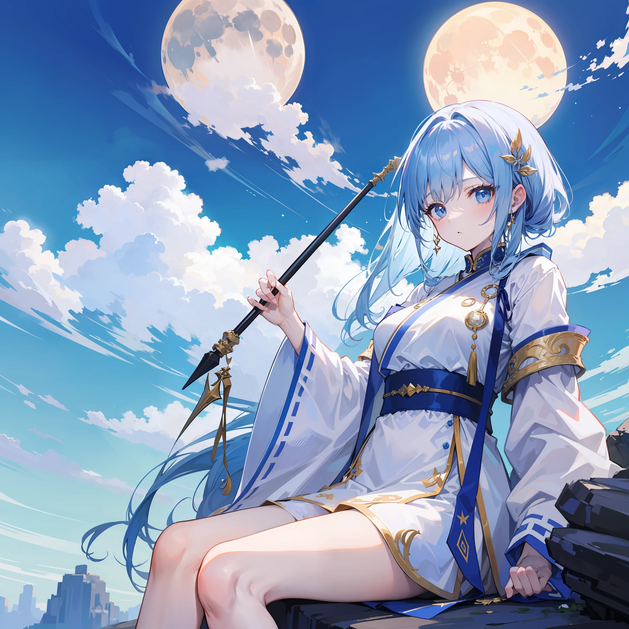 Wizard girl in dirty white robe sits on a rock under blue sky、I look at me very sadly and see a big moon in the sky.。A girl has a very big cane。