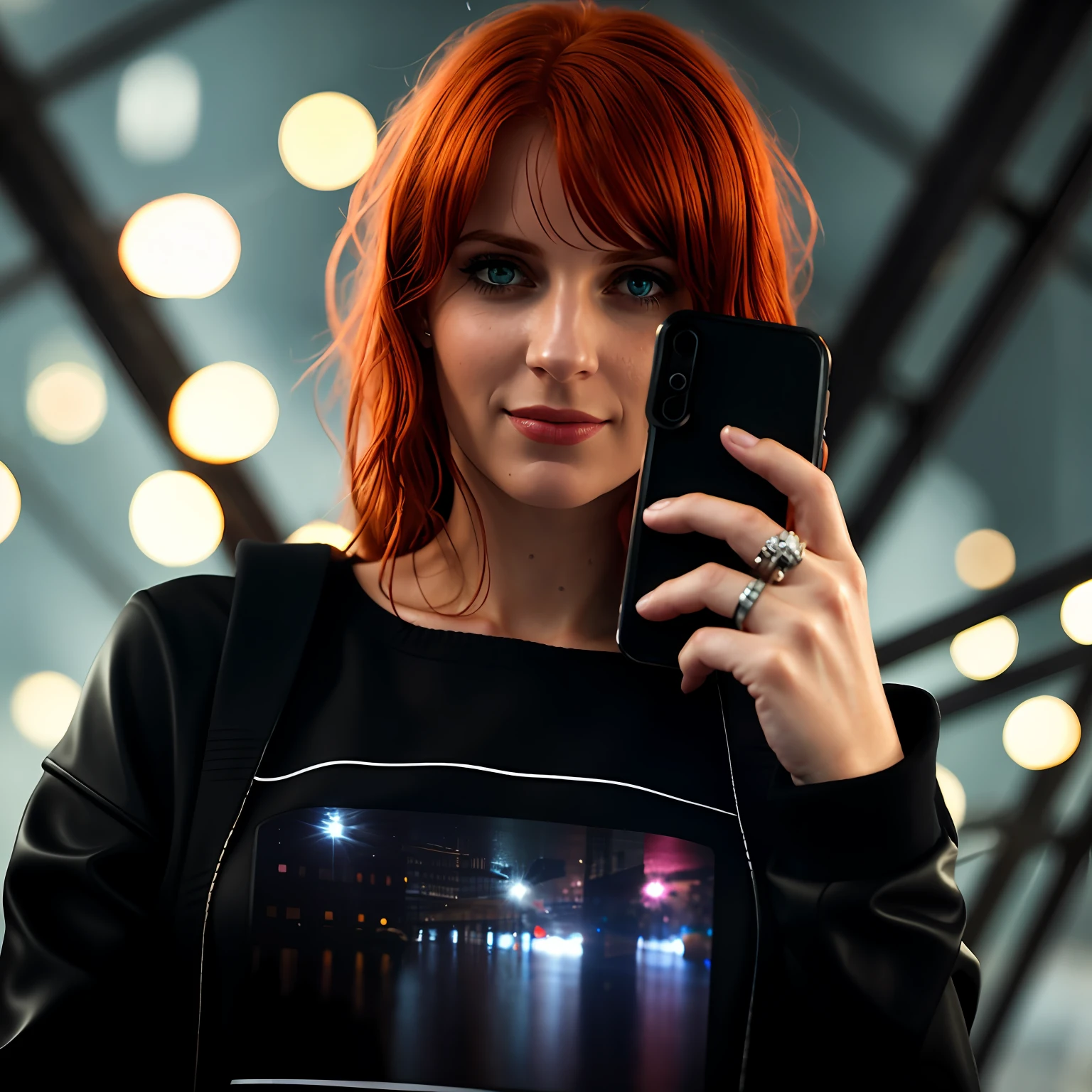 There's a woman with red hair holding a cell phone, feminino ruivo, O retrato da menina -, she is holding a smartphone, (best quality), model shot, extreme close-up, sharp focus, dymanic pose, water drop, rain,wet skin, looking at sky, open mouth, wet blonde hair, ((1girl)),((dramatic hdr)),highly detailed face,4k skin texture, highly detailed beautiful eyes, smile, determined \(expression\),spectacular lighting,bokeh, trending on artstation,trending on CGSociety,immense details,