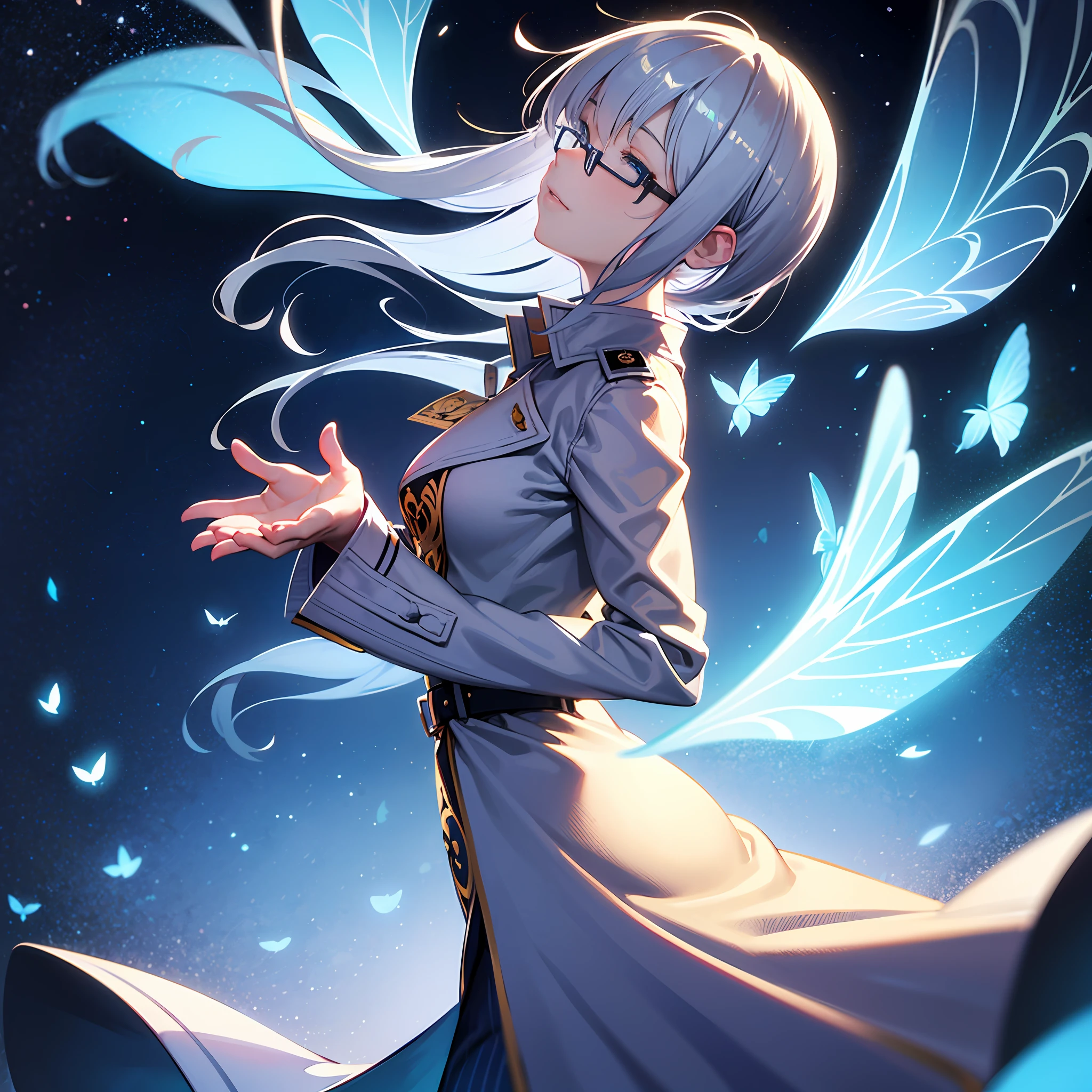 hair bobbles,Flowing silver-blue hair,White striped trench coat,eye glass,solo person,By bangs,glow blue eyes,Semi-closed Eyes,butterflys,starrysky,shadowing,panoramicshooting,open landscape,Back view,Dreamy,Ambient lighting,Head up,Large wide angle,multiple angle