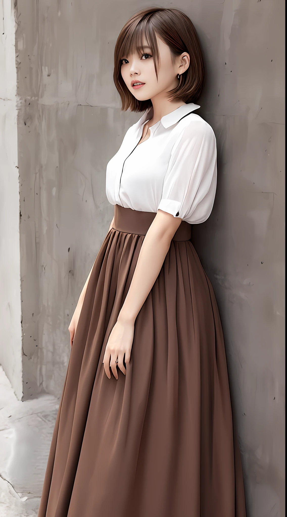 Bery short hair Brown hair boyish long skirt blouse