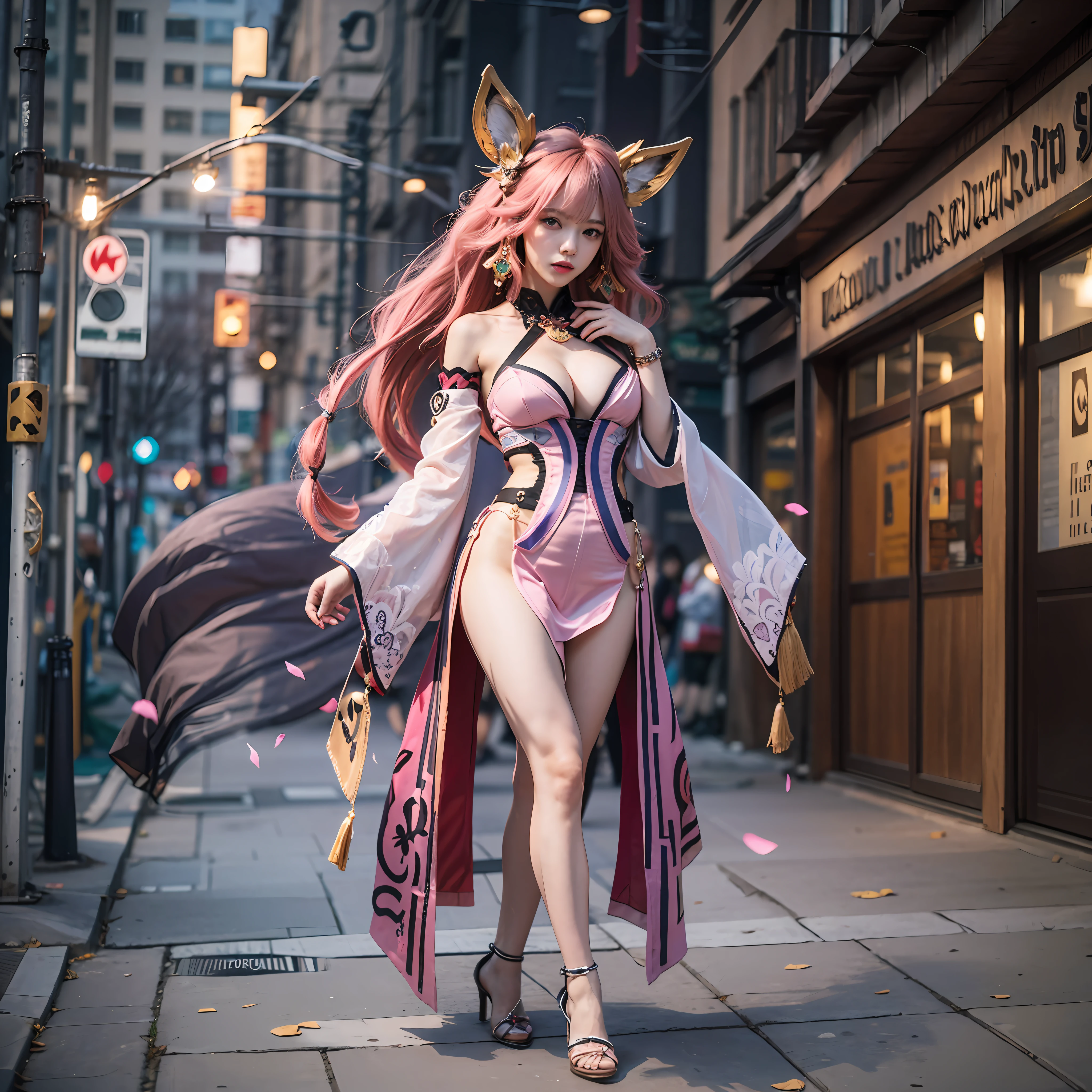 yae_miko, 1girl, pink hair, long hair, hair ornament, purple eyes, fox ears, earrings, jewelry on the chest, bare shoulders, detached sleeves, yae miko's clothes, (bare legs), high heels, medium breast, (realistic:1.2), (realism:1.2), (masterpiece:1.2), (best quality), (ultra detailed), (intricate), (85mm), light particles, lighting, (highly detailed:1.2), (gradients), sfw, colorful, (detailed background), (rule of third_composition:1.3), (Line of action:1.2), wide shot, daylight, solo.