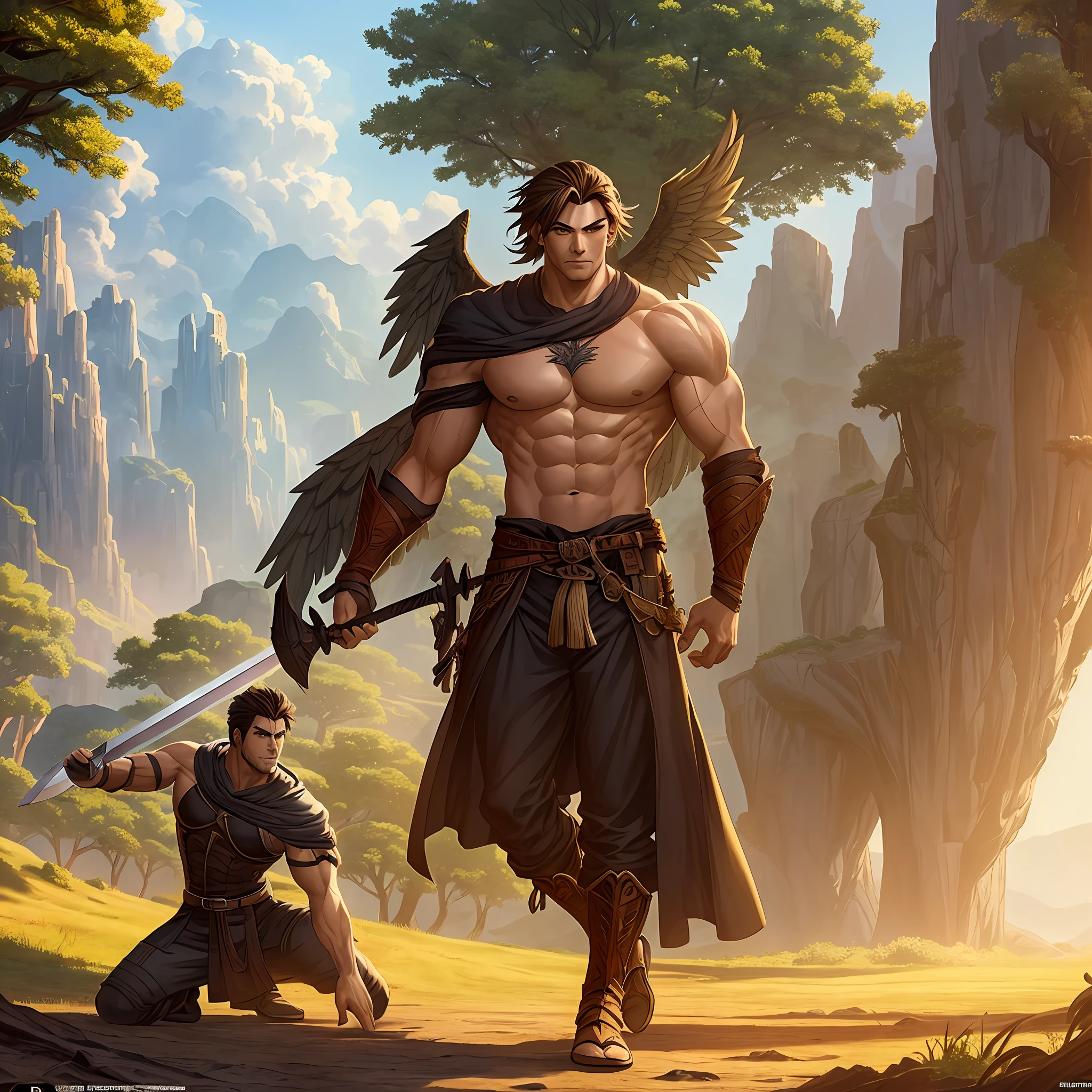 Full body 2D animation, One Man, Stand in the middle on the grass, Alaf male warrior with sword and wings in the forest, muscular werewolf, Minotaur wolf, Very beautiful face, Only one man, Fashionable, epic fantasy digital art style, epic fantasy art style, 2.5d CGI Animated Fantasy Artwork,. epic fantasy art style hd, muscular male hero, epic fantasy character art, Badass Anime 8K, male warrior, detailed digital 2d fantasy art, desert background --auto