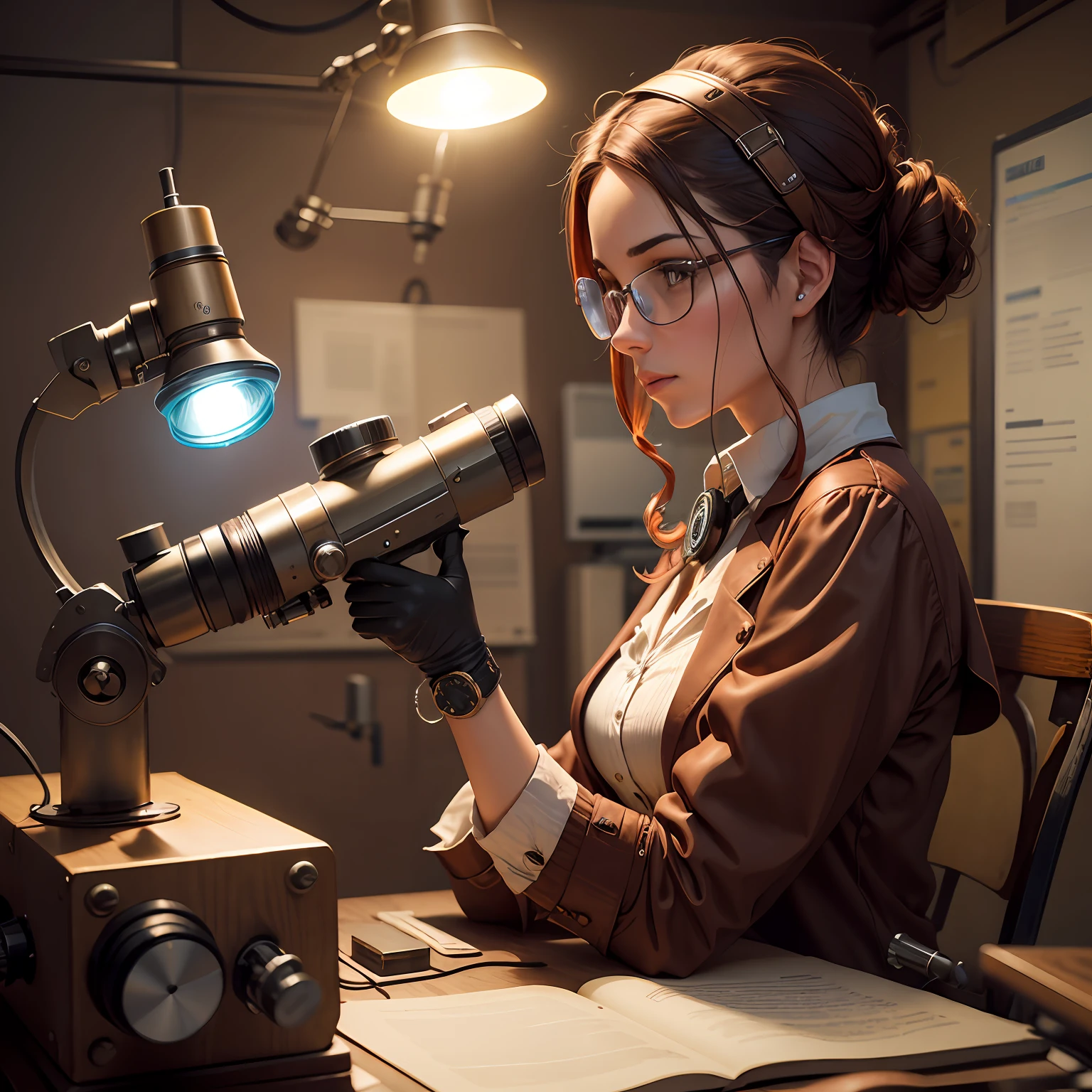 A scientist in front of a microscope, tudo no estilo steampunk, partes em cobre, laboratory --auto