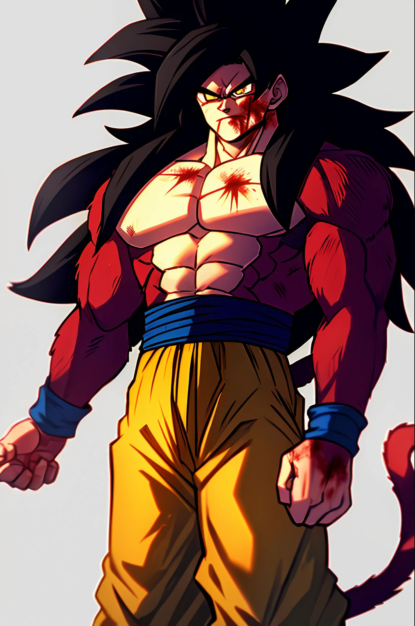 son goku, 1boy, arms at sides, artist name, baggy pants, biceps, black hair, blood, blood from mouth, blue sash, blue wristband, blurry, blurry background, body fur, closed mouth, collarbone, frown, long hair, looking away, looking to the side, male focus, monkey tail, muscular, muscular male, pants, pectorals, red fur, sash, scratches, serious, simple background, solo, spiked hair, standing, super saiyan, super saiyan 4, tail, torn clothes, twitter username, v-shaped eyebrows, wristband, yellow eyes, yellow pants, ((masterpiece))