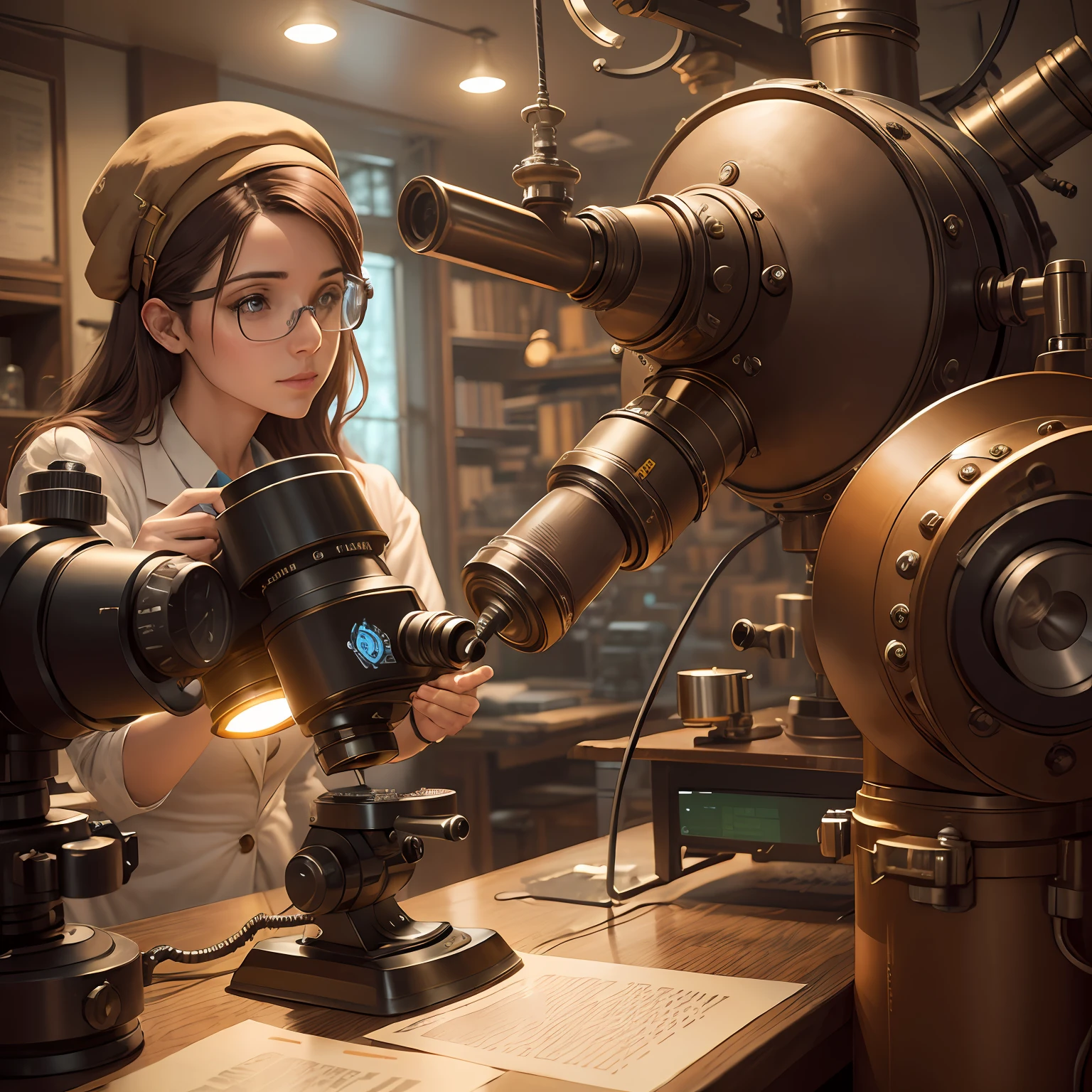 A scientist in front of a microscope, tudo no estilo steampunk, partes em cobre, laboratory --auto