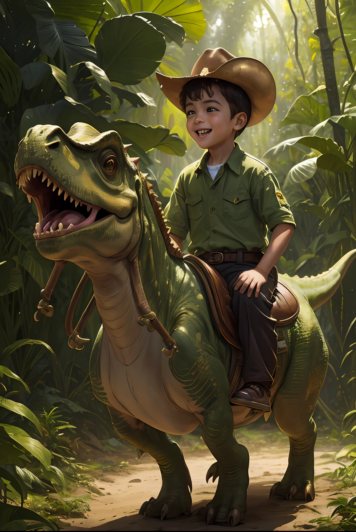 a boy happy to riding a dinosaur \((masterpiece, best quality:1.2), Yellow and green jungle dinosaur tricerasauruss(realistic:1.5)\), best quality, masterpiece,8k,highest texture,highres,soft light,perfect shadow, 1boy, (((archeologist))), 8 , male kid, riding dinosour, ultrarealistic, cowboy short