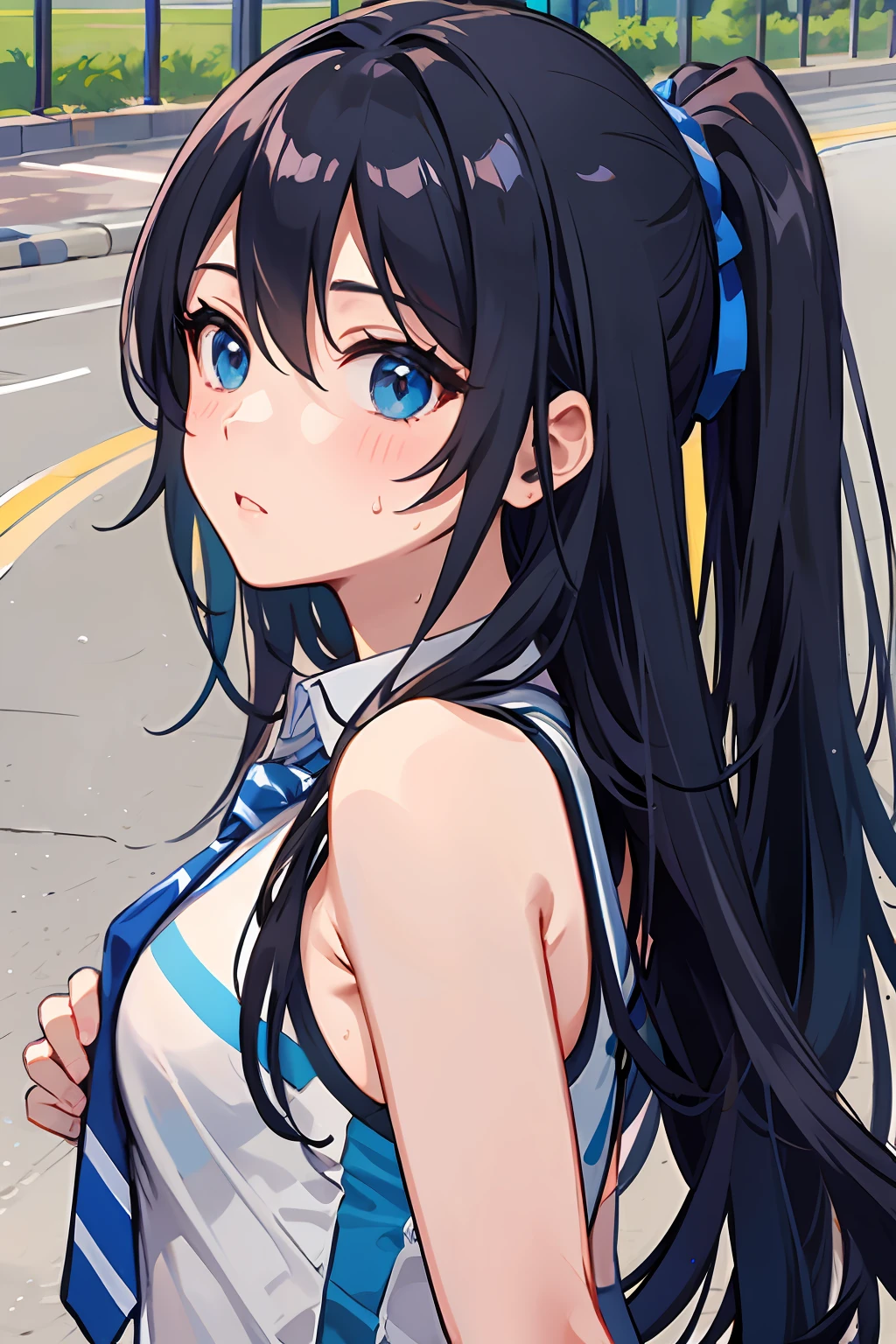 long black straight hair girl, gym clothes with blue stripes, wearing blue tie, sweat, at the park