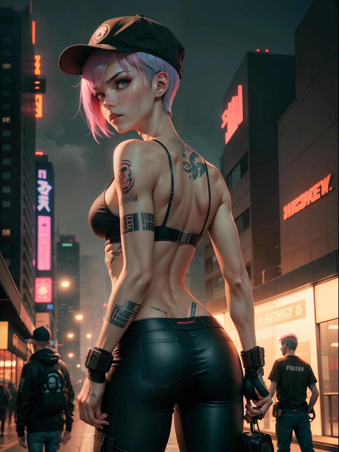 photograph, Young, very thin, fighter, tattooed, very beautiful, with deep-blue short hair, with black fighter's little flannel with logo of the skull, gray pair of pants, the urban cap, and pink, serious- and- very- penetrating- look booties causing fear exaggerated, in pocision of fight (with city of cyberpunk of bottom) and Dr. House, Anime Eyes, Tranquil, film grain, Fuji superia 400, F/8, deep red lightning bolts
