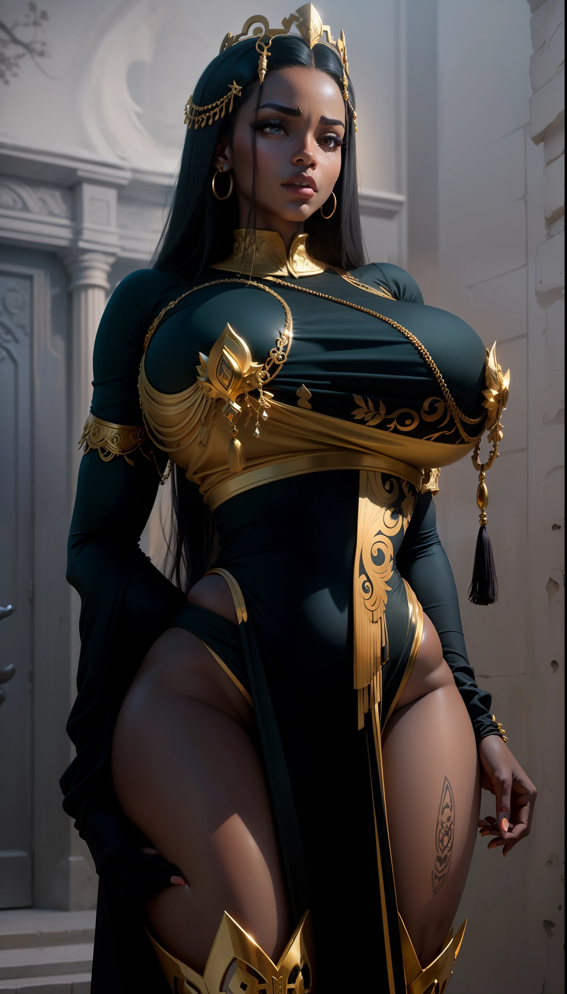 Goddess evil queen, african female goddess, crown, african, golden eyes, , big butt, strons, strong biceps, hyper muscular, tall, golden and black clothes, divine evil clothes, black woman