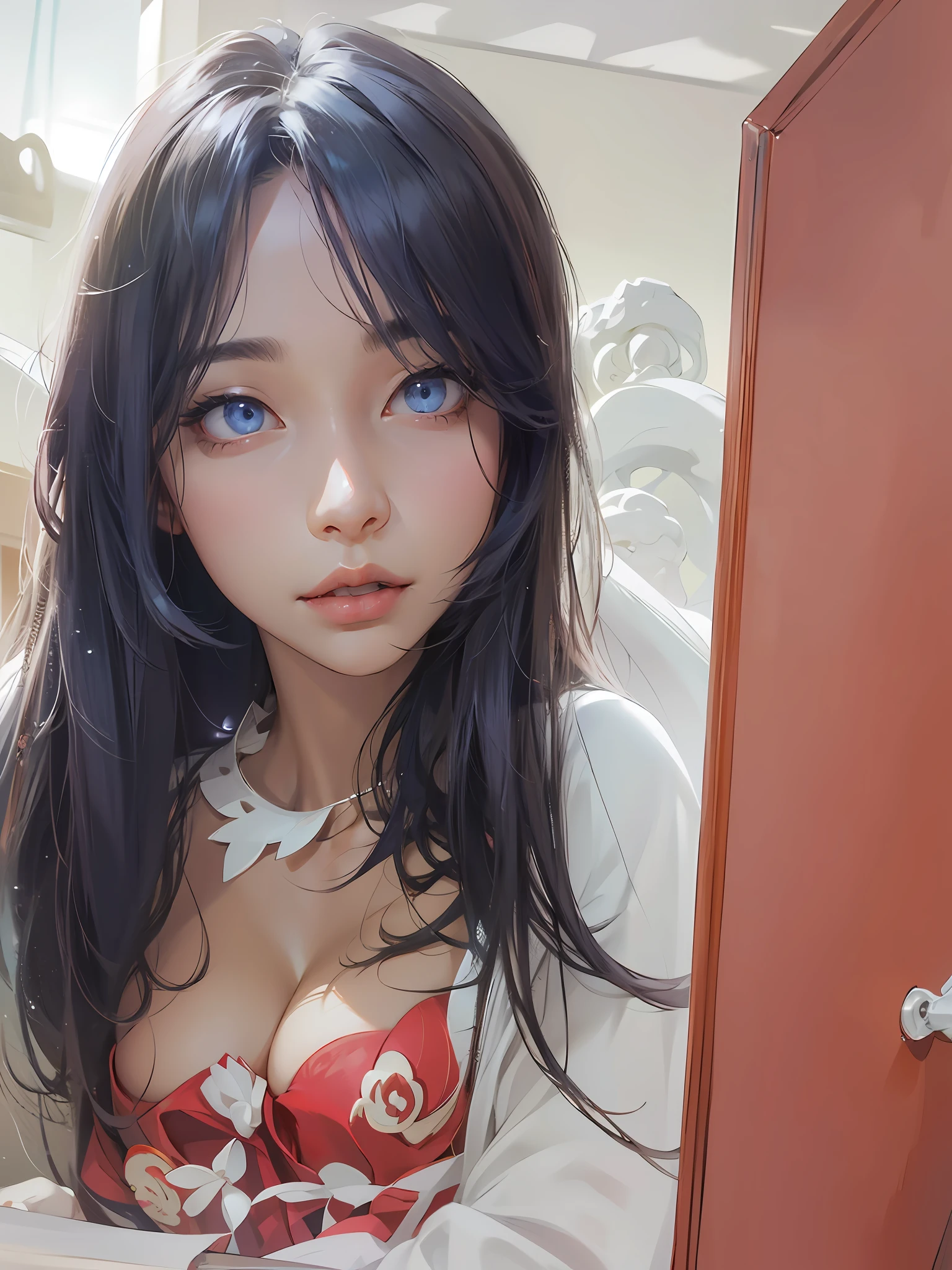 Kizi,Smooth long hair, Detailed beautiful eyes, navy blue eyes, evilsmile,medium :1.3 (big osed cleavage)Long ahe tip of the ding chest,sexyposture,is shy,tmasterpie hyper realisitc, k hd --auto