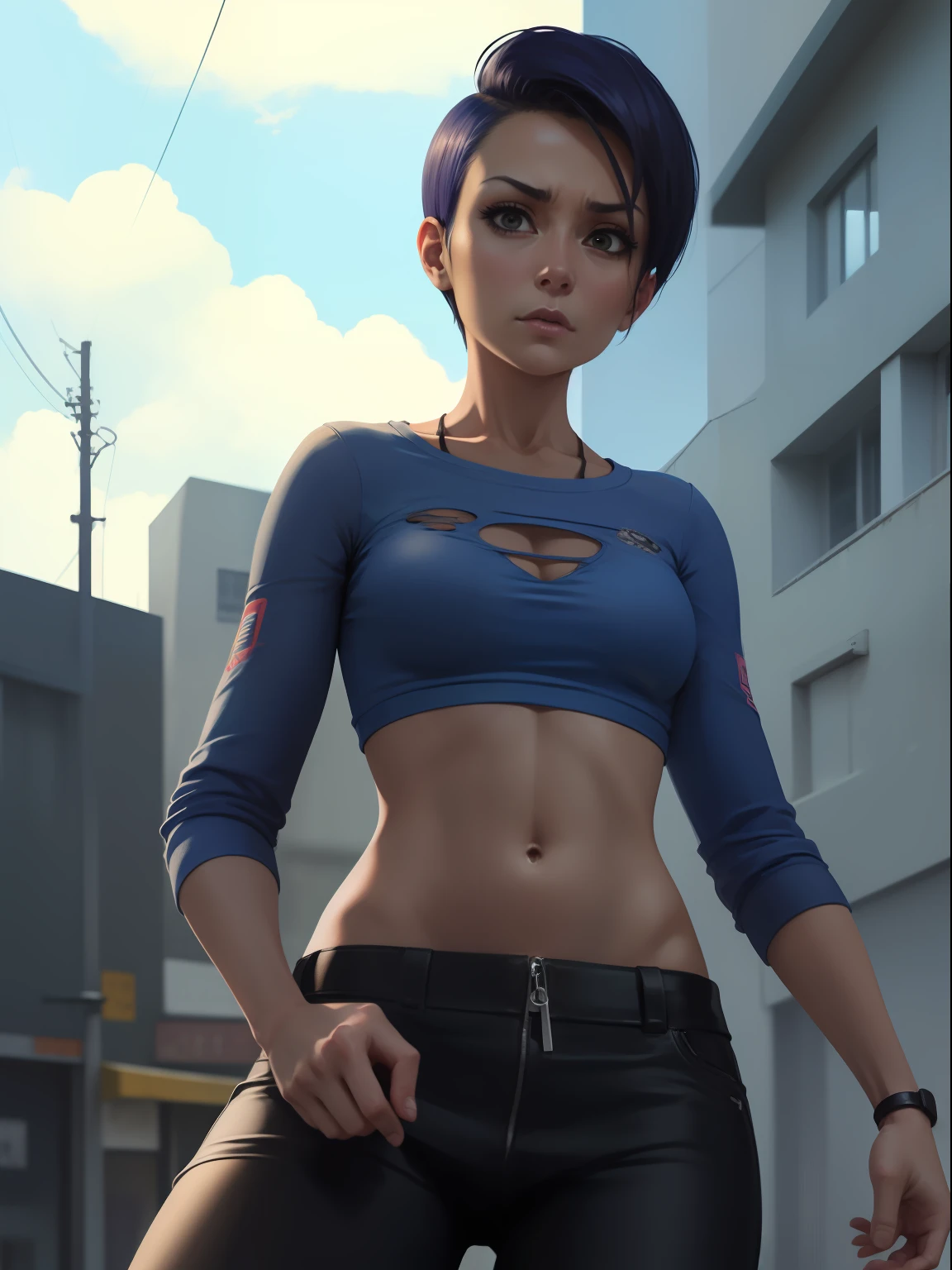 photograph, Young, very thin, fighter, tattooed, very beautiful, with deep-blue short hair, with black fighter's little flannel with logo of the skull, gray pair of pants, the urban cap, and pink, serious- and- very- penetrating- look booties causing fear exaggerated, in pocision of fight (with city of cyberpunk of bottom) and Dr. House, Anime Eyes, Tranquil, film grain, Fuji superia 400, F/8, deep red lightning bolts