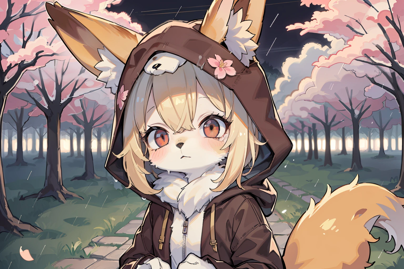 Fox Boy,hairy pubic,shaggy,Golden fur,Golden yellow face fur,Short straight blonde hair,Eyes have light,Red eyes,Super cute face,Brown elements on fur,Brown hooded coat,Beautiful lights and shadows,Ambient light,Ultra-fine fur,volumettic light,Night,natural lightting,Fluffy tail,nevando,Brown hood up,Night,Starlight at sea,starrysky,Cherry blossom forest,Under the cherry blossom trees,Take a paper crane,rainy outside,Rained,Rained,raining mood,wash off in the rain,crossed bangs, Hairline, Shiny hair, lone nape hair,Empty eyes, Unconscious,Dilated pupils,Sleepy,dark circles,