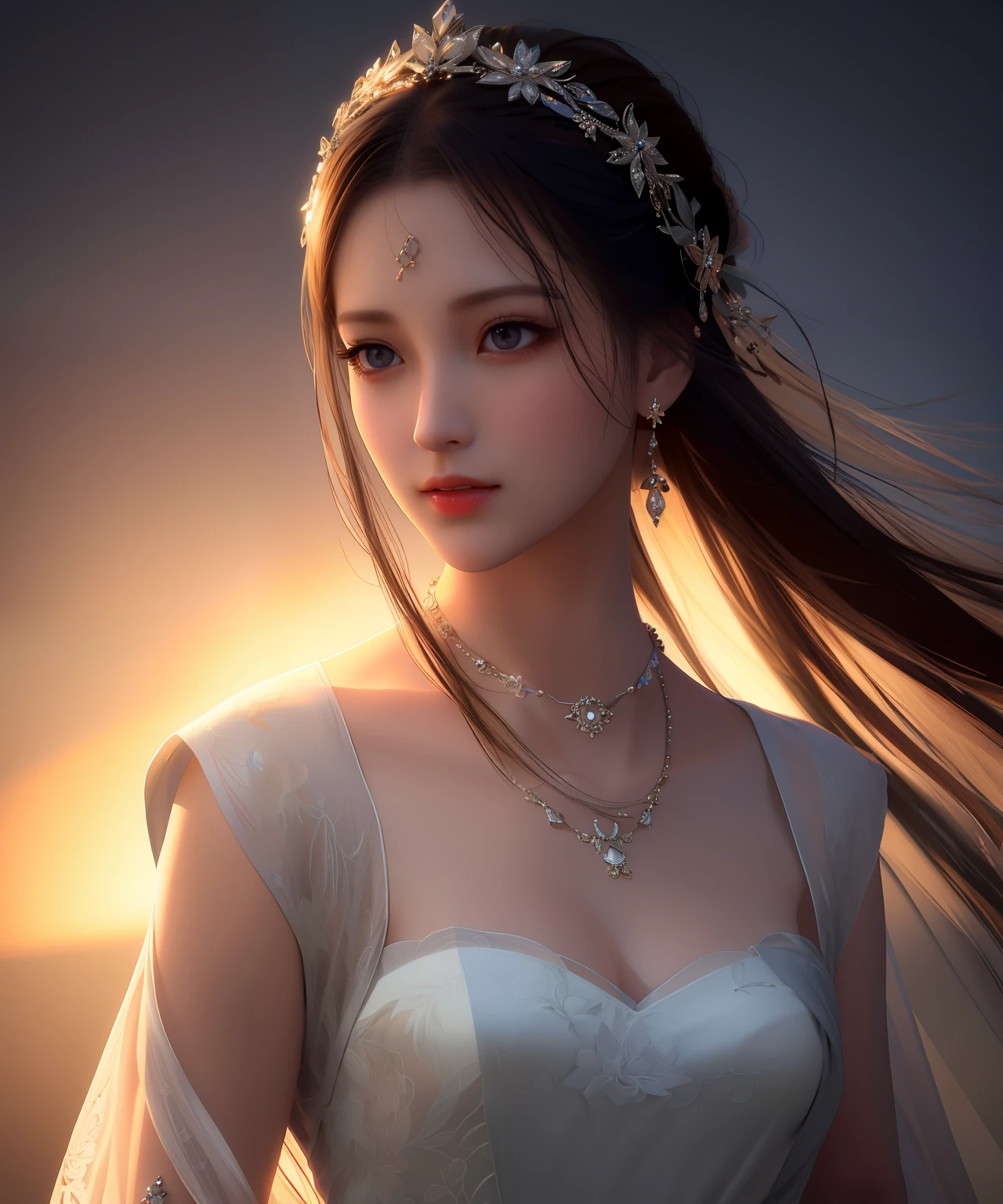 Best quality, masterpiece, high resolution, 1girl, porcelain dress, hair accessories, necklace, jewelry, beautiful face, on the body, Tyndall effect, realistic, dark studio, edge lighting, two-tone lighting, (high detail skin: 1.2), 8k UHD, dslr, soft light, high quality, volumetric light, candid, photo, high resolution, 4k, 8k, background blur,