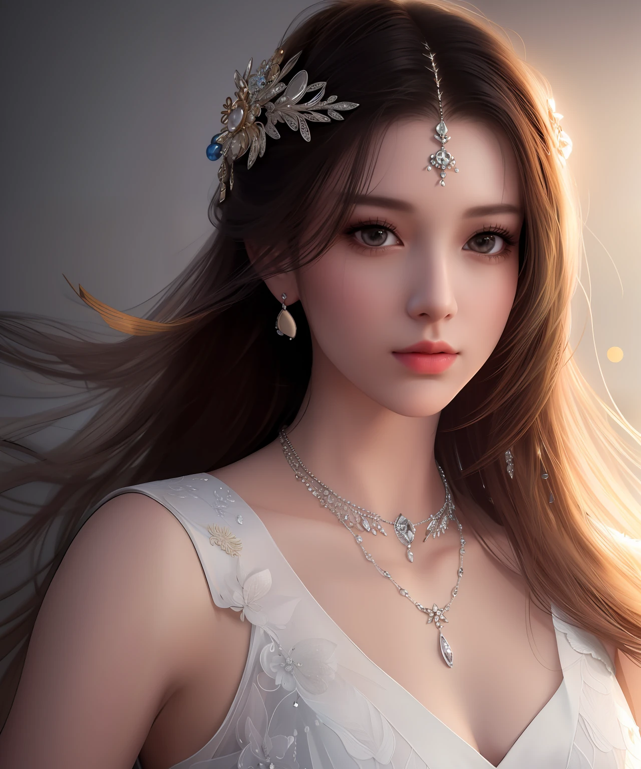 Best quality, masterpiece, high resolution, 1girl, porcelain dress, hair accessories, necklace, jewelry, beautiful face, on the body, Tyndall effect, realistic, dark studio, edge lighting, two-tone lighting, (high detail skin: 1.2), 8k UHD, dslr, soft light, high quality, volumetric light, candid, photo, high resolution, 4k, 8k, background blur,