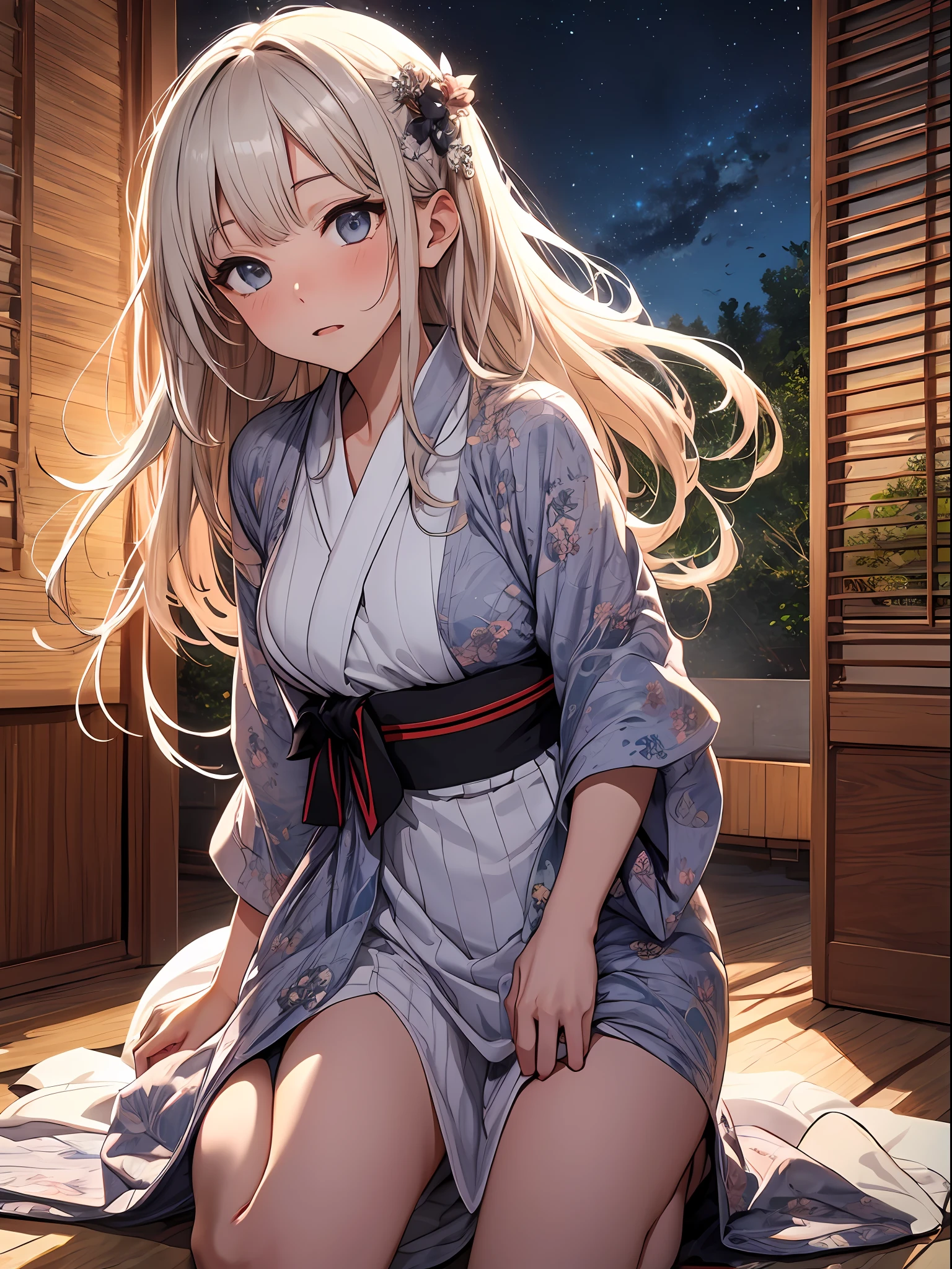 (masutepiece), Top quality ultra-detailed CG art, Dignified and beautiful women's yukata, White marriage, Beautiful facial features, Vivid eyes, Sexy atmosphere, Scene with hair swaying。(Shots focused on a small area), A body shape that remains young, long beautiful hair, Kneeling posture, An expression that makes you feel a commotion in your chest, night landscape、Atmosphere like a Showa idol、Fluffy beds、