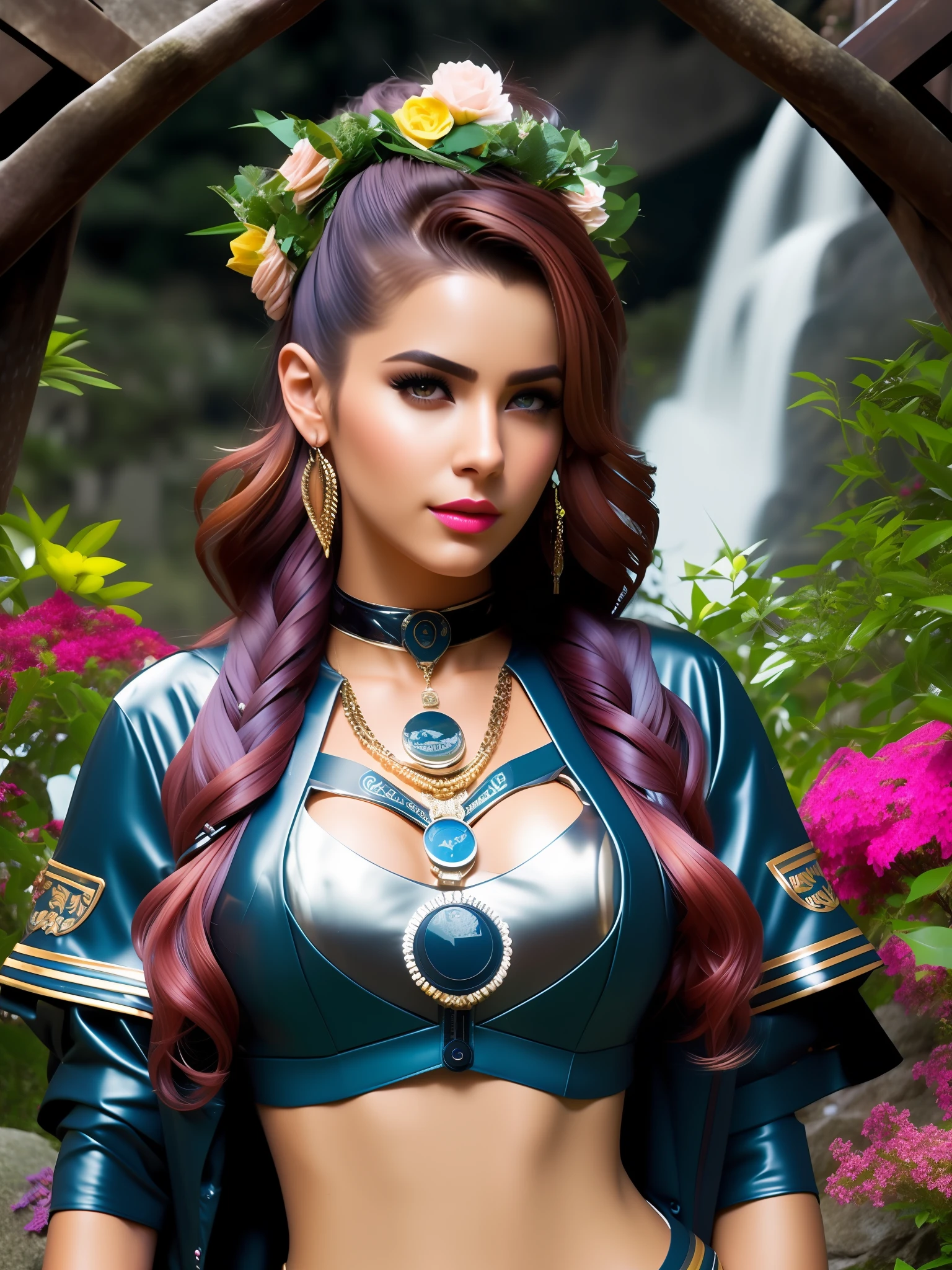 fking_scifi, fking_scifi_v2, retrato de uma jovem, a modelo feminino brasileiro extremamente bonita e atraente, em frente a uma cachoeira, cabelos longos e ventosos, corpo tatuado, roupas coloridas e joias douradas, close up, pose real e atitude,corpo inteiro. fking_cinema_v2.