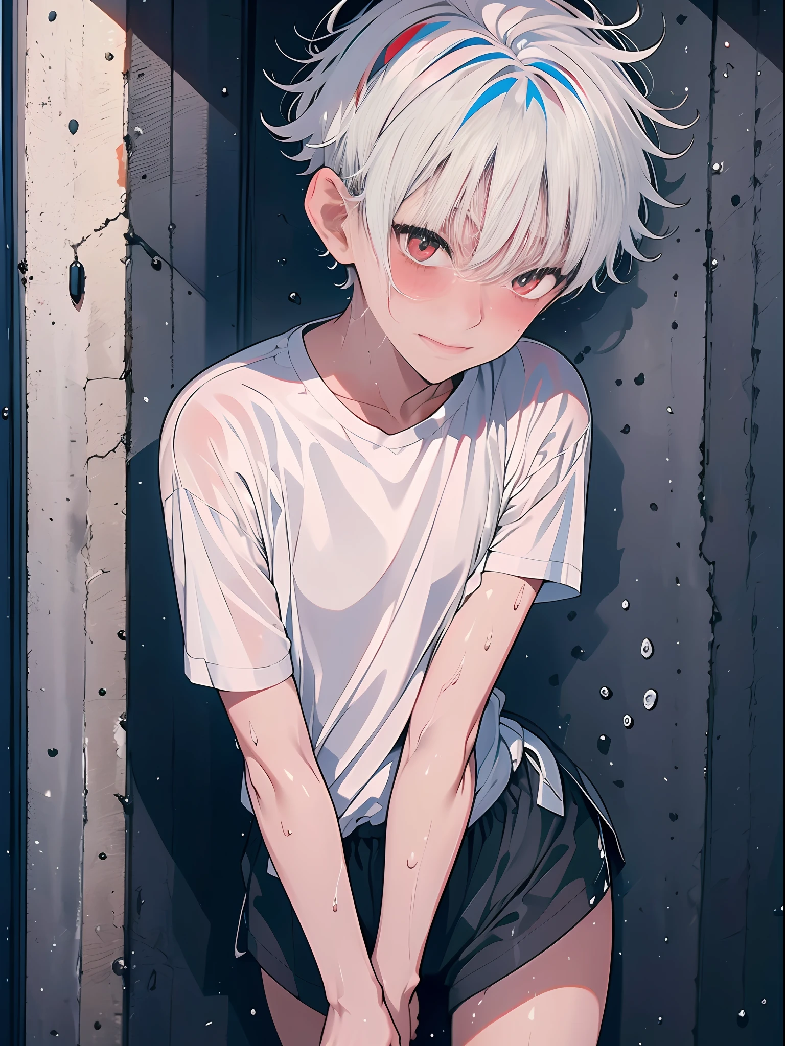 Water on the face:1.9,drenched all over the body,((tmasterpiece)),((((best qualtiy))),(high high quality,breath-taking),(Expressive eyes,s the perfect face),A short boy,Short gray hair,Red eyes,ssmile,wet blouses,wear short shorts,drenched all over the body