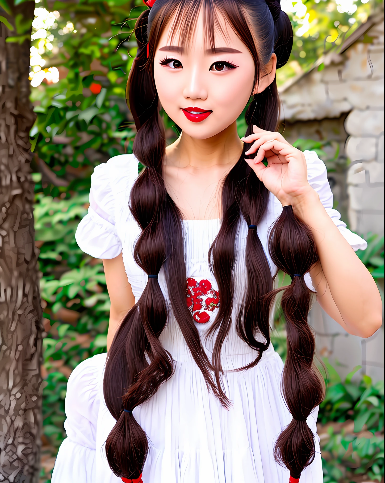 Asian woman in white dress and red lipstick, ulzzangs, Twin tail hairstyle, braid hairstyle, Korean girl, short pigtails hair, with black pigtails, braidedhair, double tails, two pigtails hairstyle, Yoshitomo Nara, cute kawaii girls, shikamimi, kawaii hair style