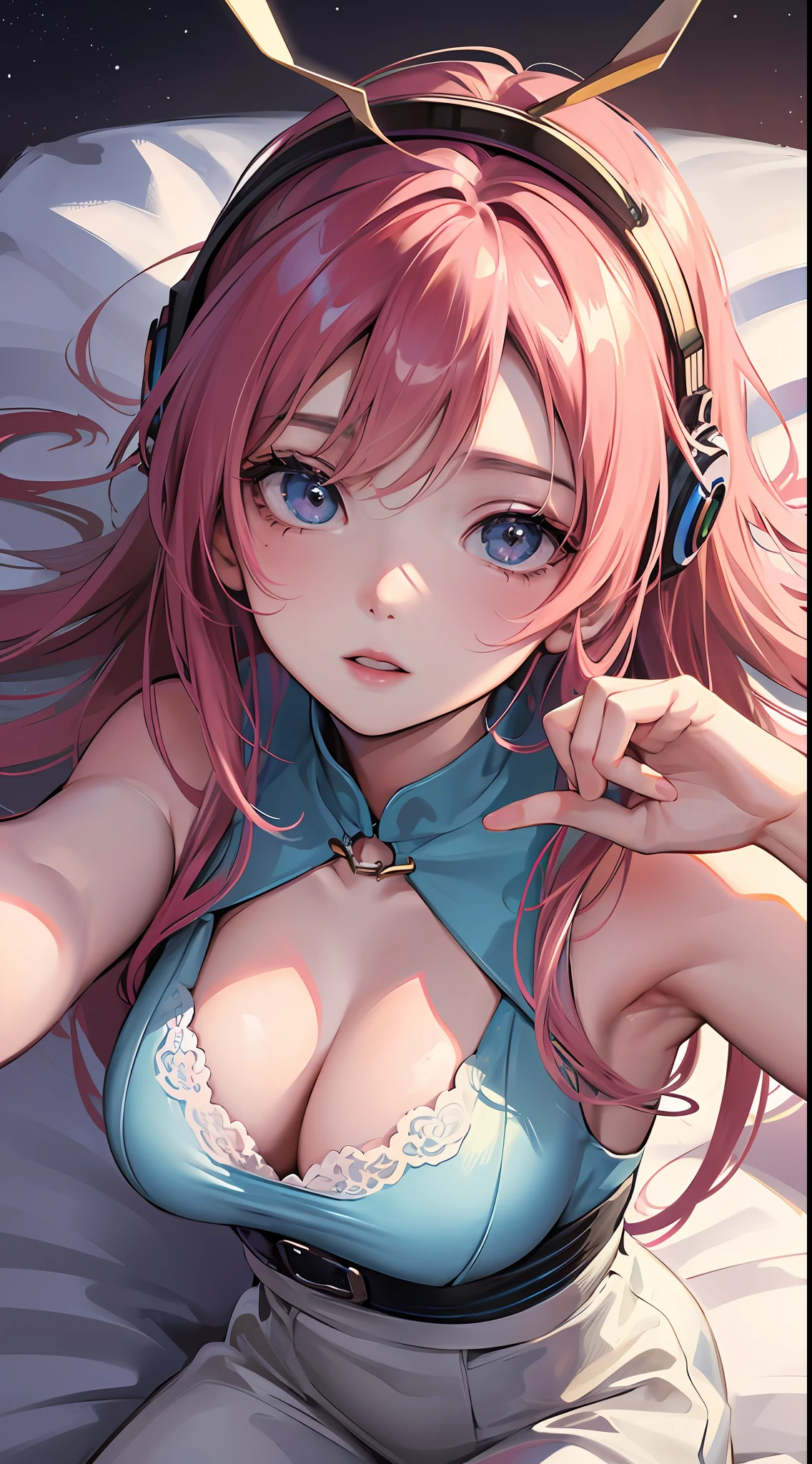 High quality, Soft light, Perspective drawing,Realism, Anime girl lying on bed,Textured skin,One arm extended,Raise your hand,Tap the invisible glass with your finger,Put your perspective in hand,And create a detailed close-up of the hand,Detailed hand-to-close-up, Detailed, Beautiful, Stars and moon in the background, nightcore, Realism, anime vibes, Os amigos, Anime girl with smooth hair, with cute doting eyes, vocaloid, A high resolution, 8K --auto