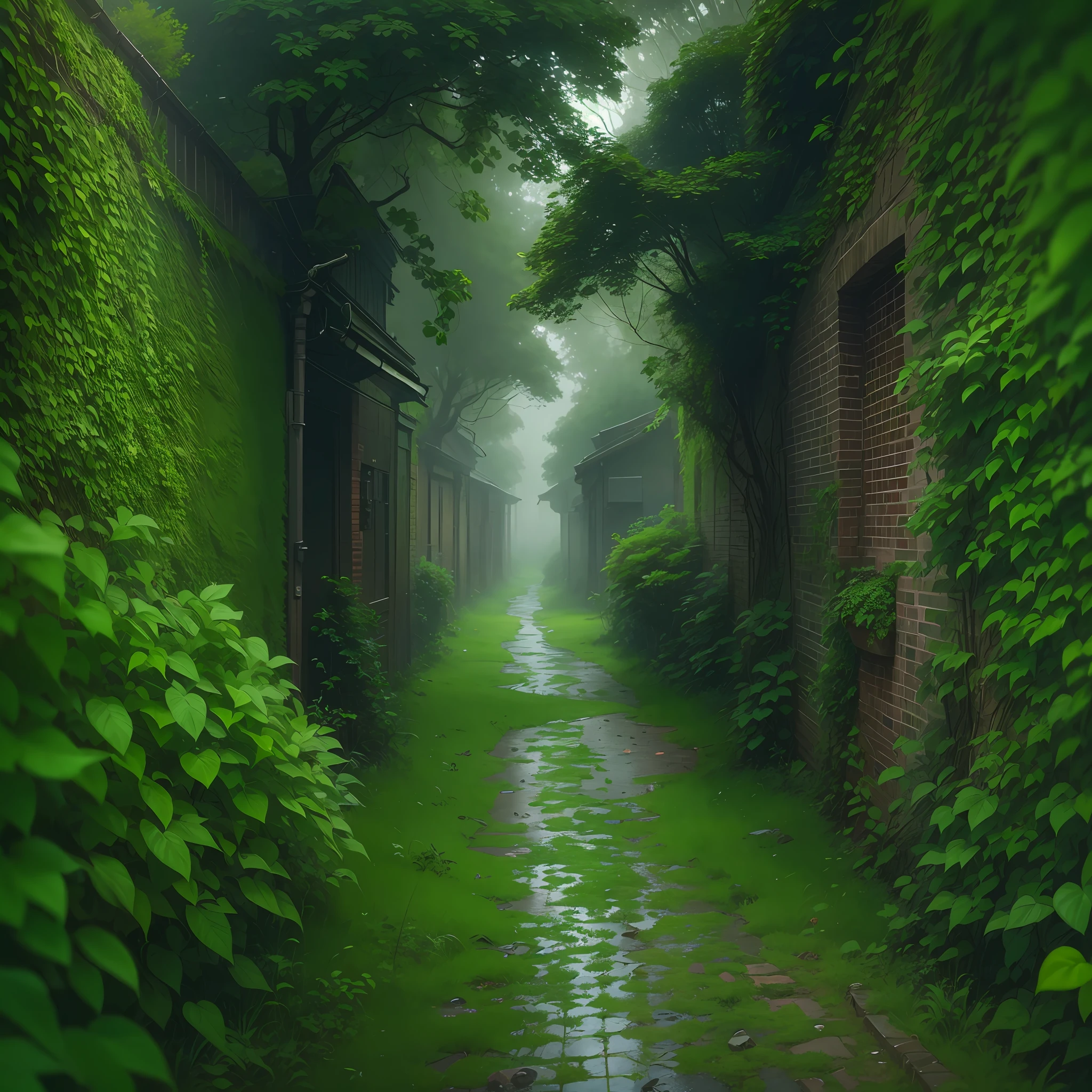 There is a brick road, misty alleys, green alley, in the middle of nature fully covered, misty alley, dense with vegetation, rainy and gloomy atmosphere, covered with vegetation, day after rain, green alleys, walls are covered with vines, in the rain in the early evening, hedges, just after the rain