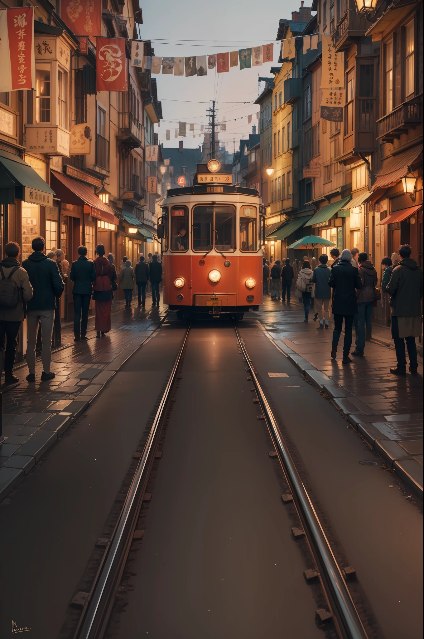 A nostalgic digital painting inspired by the enchanting world of Studio Ghibli. The artwork depicts a charming, small-town street at night, exuding a sense of tranquility and wonder. The scene is set for a cinematic moment, reminiscent of a scene from a Ghibli film.