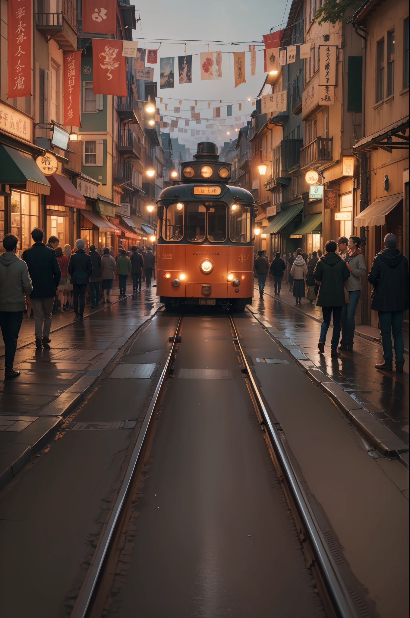 A nostalgic digital painting inspired by the enchanting world of Studio Ghibli. The artwork depicts a charming, small-town street at night, exuding a sense of tranquility and wonder. The scene is set for a cinematic moment, reminiscent of a scene from a Ghibli film.
