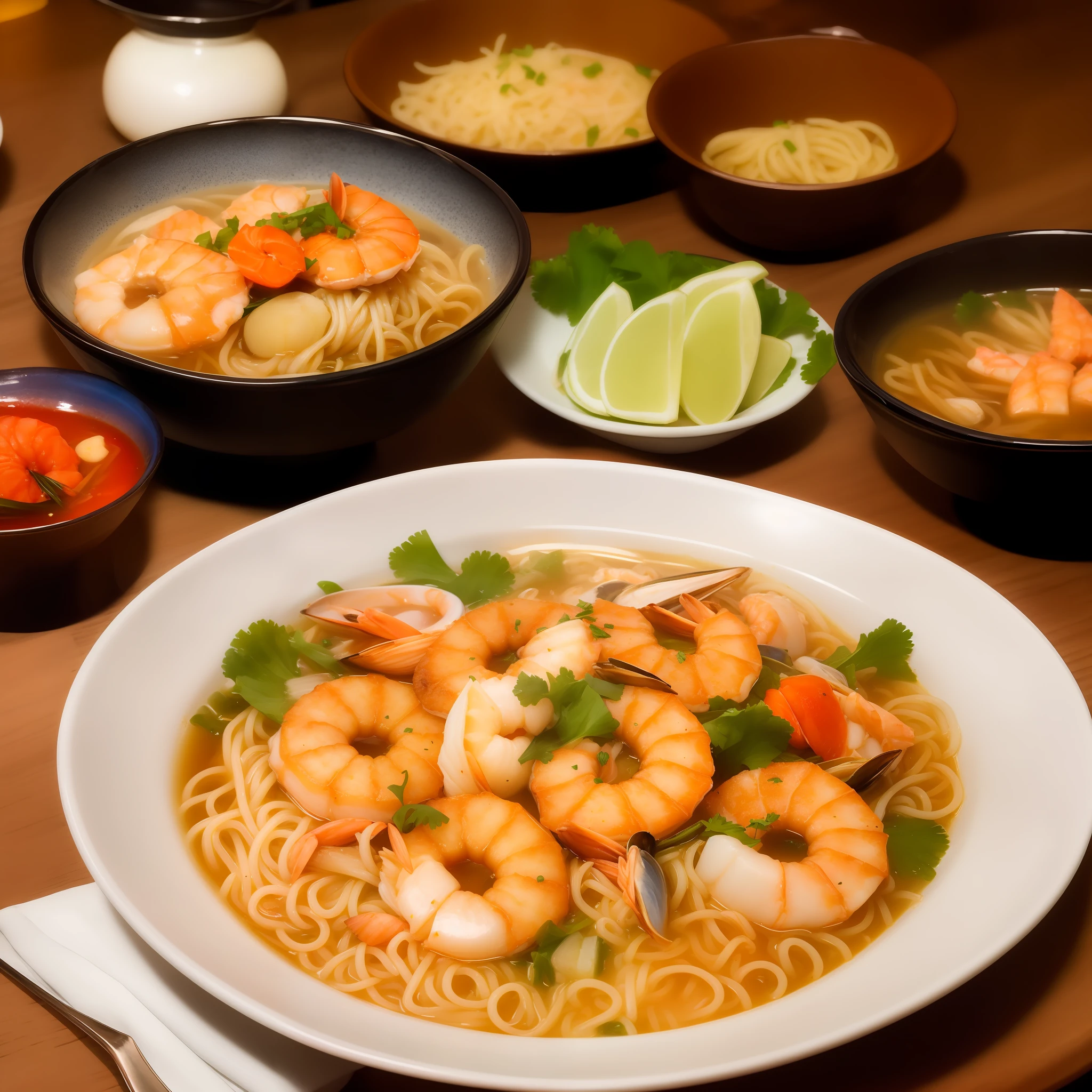At the dinner table, A bowl of seafood noodles, Small yellow fish, gentlesoftlighting, delicacy, extremely colorful, studiolight,