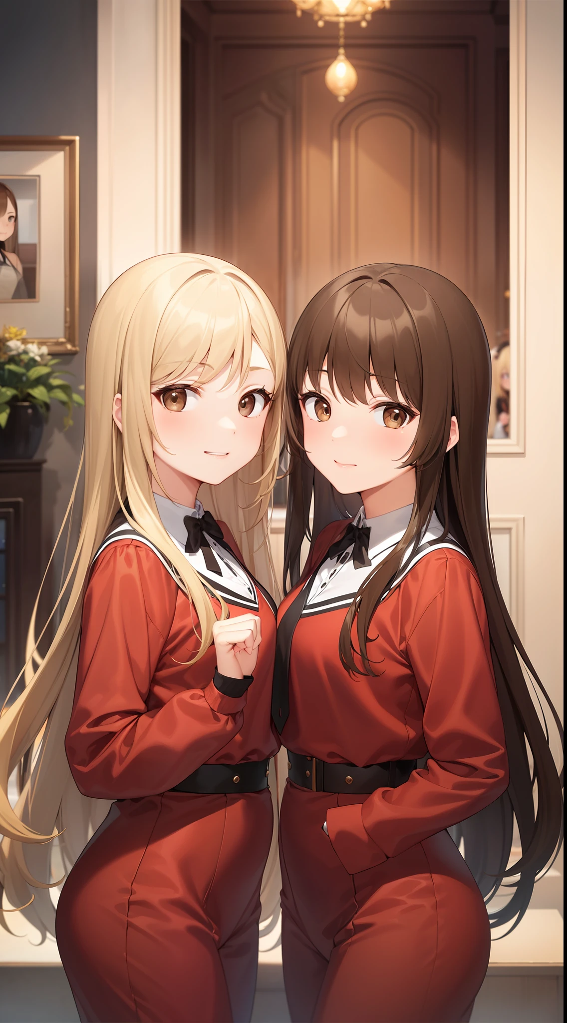 2girls, duo, twin sisters, agers, ((one brown haired girl, one blonde girl)), long hair, brown hair, blonde hair, curly hair, hazel eyes, looking at viewer, indoors, mansion, matching hairstyles, different hair colors, ((matching outfits, identical outfits))