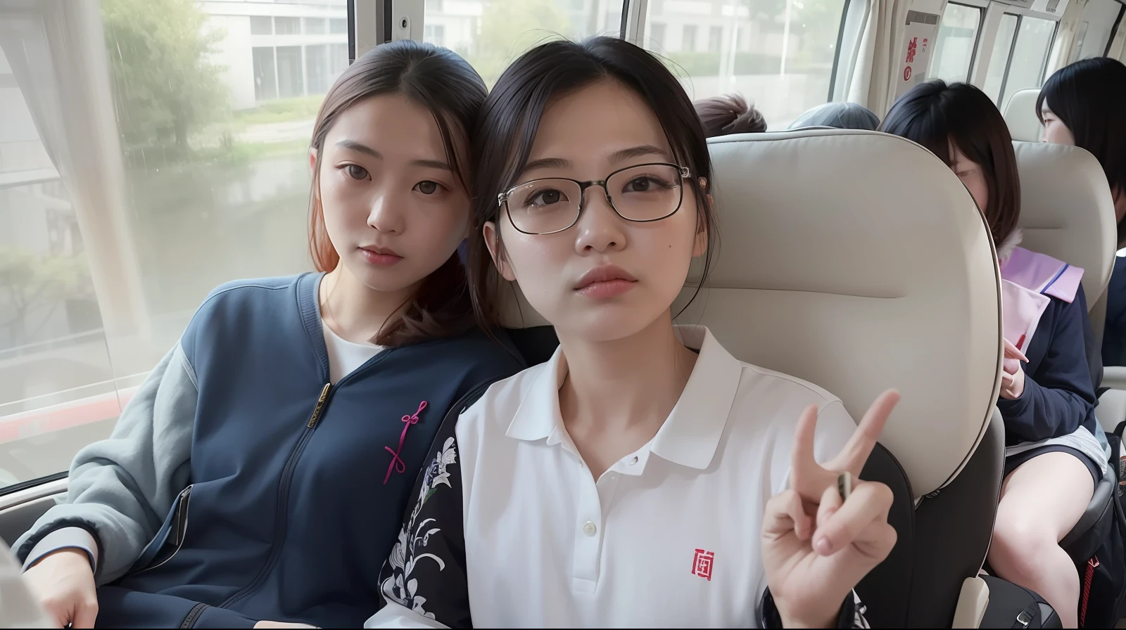 Two women sat on the bus with their hands raised, Ruan Jia and Fenghua Zhong, Li Zixin, wenfei ye, Student, xintong chen, mingchen shen, xue han, Zhang Pengzhen, yanjun cheng, wenjun lin, xiaofan zhang, photograph taken in 2 0 2 0, wei wang