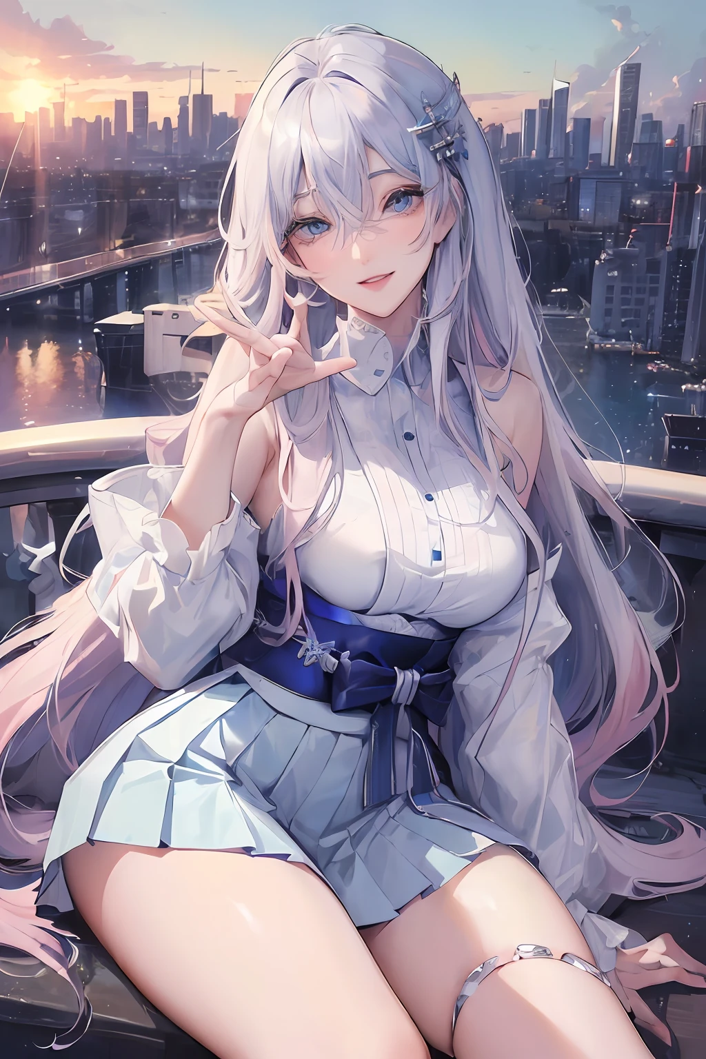 official art, masterpiece, sharp focus, (beautiful gorgeous cute Korean woman:1.3), (beautiful cute korean:1.3), korean beauty, Delicate and beautiful hair and eyes and face, realistic, ultra detailed, beautiful girl, blue sky, glow white particle, (sidelighting:1.2), sun light, white cloud, detailed clouds, slender, Lovely very large breasts and very large hips, smile with teeth, ((smile with eyes, open both eyes)), scenery, long straight hair, sexy facial expression, building, (cityscape:1.7), dynamic hair, long straight hair, detailed platinum pink hair, glow blue eyes, (blue pleated shirts + white skirt), white long socks, pale skin, hair ornament, epic scenery,