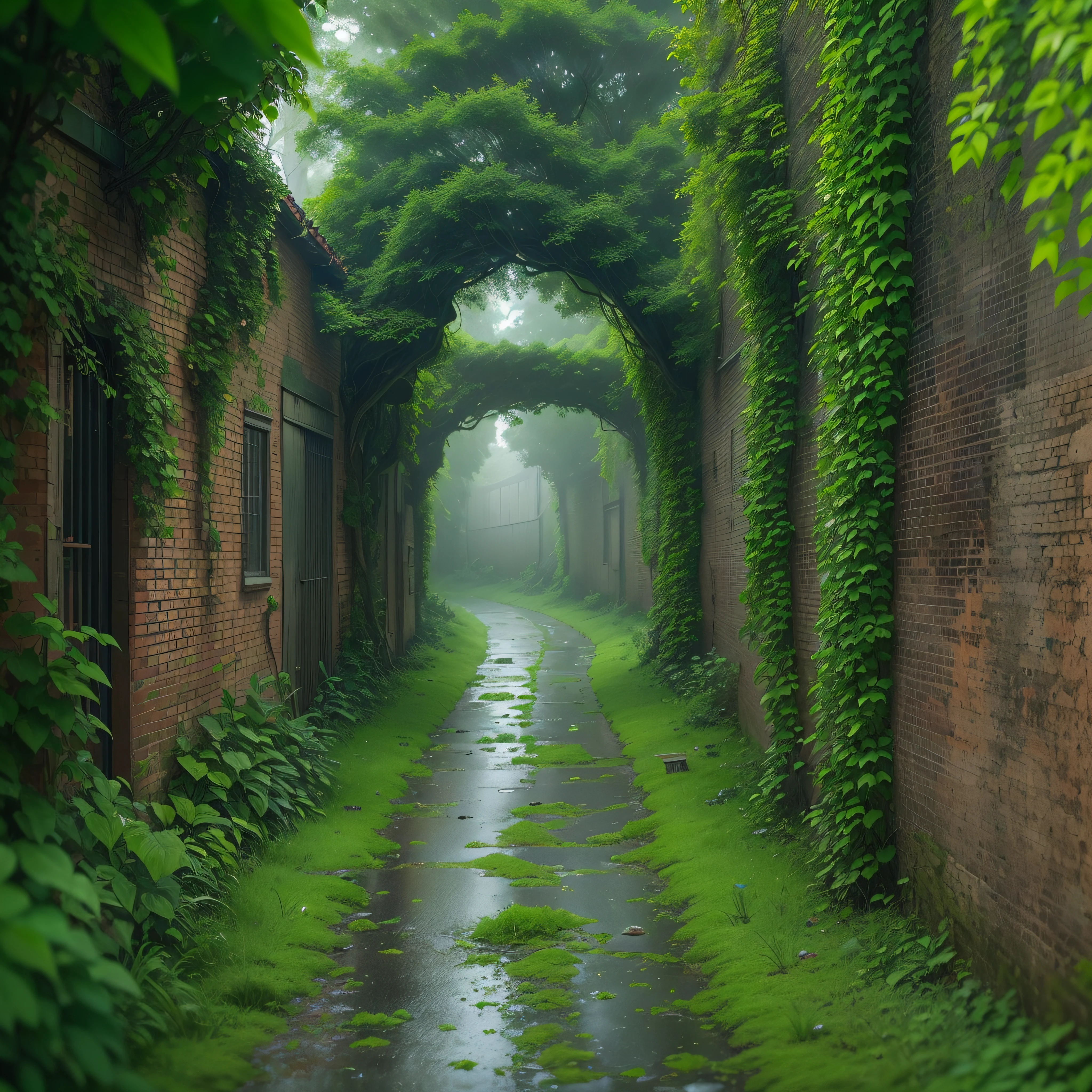 There is a brick road, misty alleys, green alley, in the middle of nature fully covered, misty alley, dense with vegetation, rainy and gloomy atmosphere, covered with vegetation, day after rain, green alleys, walls are covered with vines, in the rain in the early evening, hedges, just after the rain