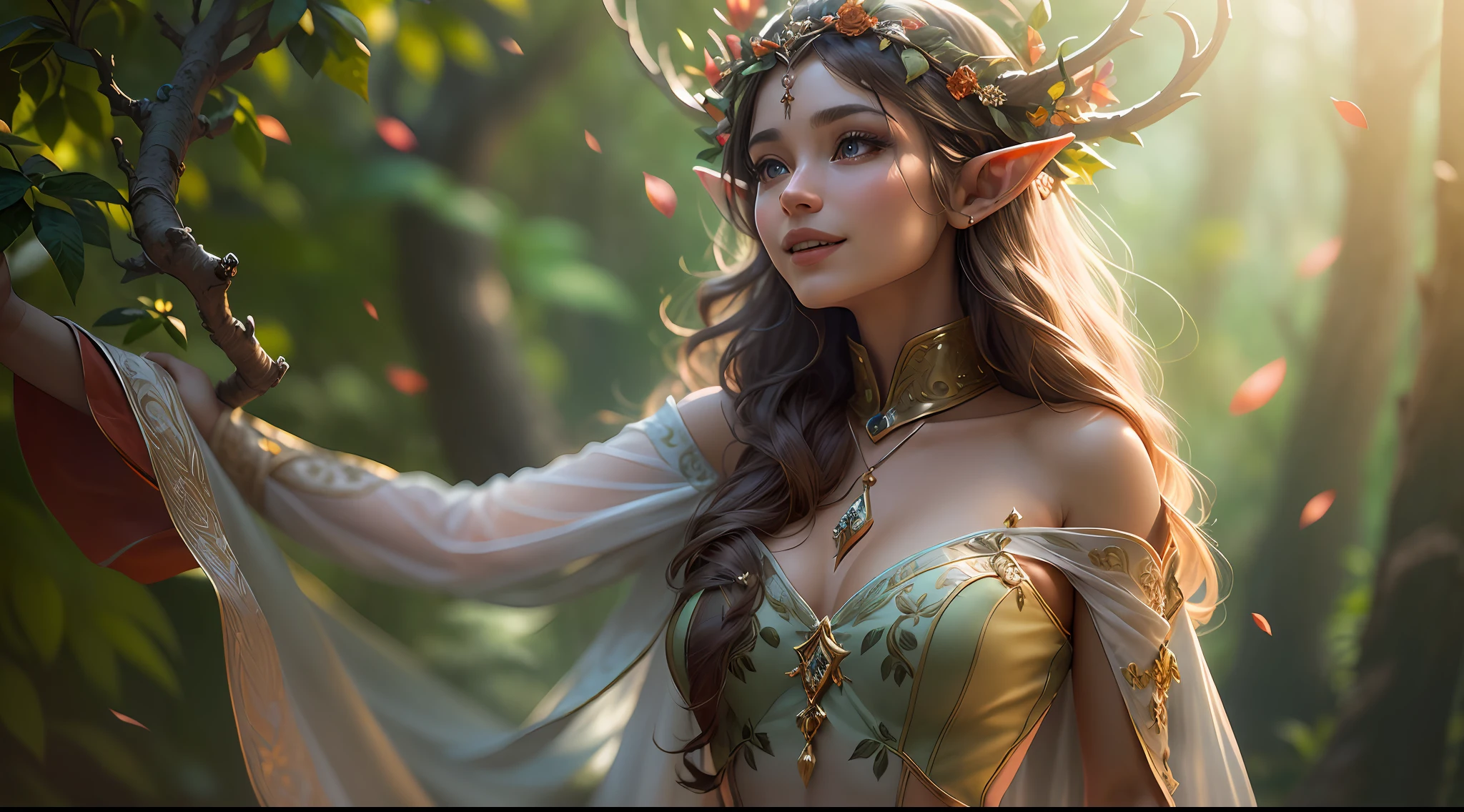 (masterpiece, CGI, enchanting elf character:1.3), a captivating CGI scene featuring an alluring elven maiden gracefully walking through a magical forest, (ethereal and otherworldly beauty:1.2), (perfectly sculpted body:1.1), (radiating an aura of charm and allure:1.2), (long flowing hair with a hint of magical glow:1.1), (sparkling, expressive eyes:1.2), (soft and delicate features:1.1), (elegant elven attire:1.2), (intricate nature-inspired details:1.1), (a crown of leaves adorning her hair:1.2), (floral embroidery on her gown:1.1), (silk-like fabric flowing with her movements:1.2), (soft sunlight filtering through the forest canopy:1.1), (subtle rays creating a dreamlike atmosphere:1.2), (a medium-distance shot capturing her enchanting presence:1.1), (showcasing her happiness and radiant smile:1.2), (an expression of joy and wonder:1.1), (lens used: prime 50mm:1.2), (camera type: DSLR with high-resolution sensor:1.1), (meticulously crafted textures and lighting:1.2), (bringing the enchanting forest and elf character to life:1.1), (immersive forest setting with vibrant flora and fauna:1.2), (whispers of magical creatures and gentle breeze:1.1), (a celebration of the allure of fantasy and beauty:1.2), (inviting viewers into a world of fantasy and wonder:1.1), (a magical moment captured in CGI splendor:1.2), Cinematic, Hyper-detailed, insane details, Beautifully color graded, Unreal Engine, DOF, Super-Resolution, Megapixel, Cinematic Lightning, Anti-Aliasing, FKAA, TXAA, RTX, SSAO, Post Processing, Post Production, Tone Mapping, CGI, VFX, SFX, Insanely detailed and intricate, Hyper maximalist, Hyper realistic, Volumetric, Photorealistic, ultra photoreal, ultra-detailed, intricate details, 8K, Super detailed, Full color, Volumetric lightning, HDR, Realistic, Unreal Engine, 16K, Sharp focus, Octane render