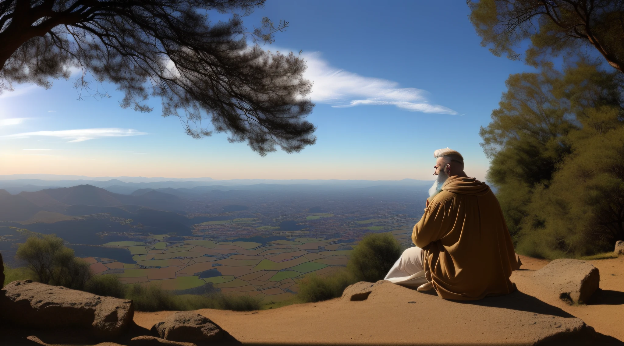 panoramic scene, King David, white hair and white beard, looking happily at the sky;, de onde uma luz irradia por todo o lugar