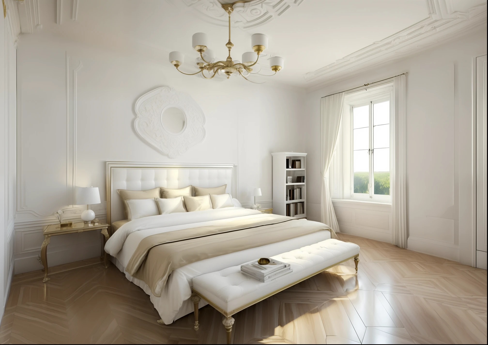 ((Best quality, 8k, Masterpiece :1.3)), bedrooom design, classical motif furniture, flat plaster ceiling , glossy white wall panel, wood floor, day light,( 3/4 . angle:1.4)), ((1 minimalist poster), flat celling, (whiten tone), warm tone