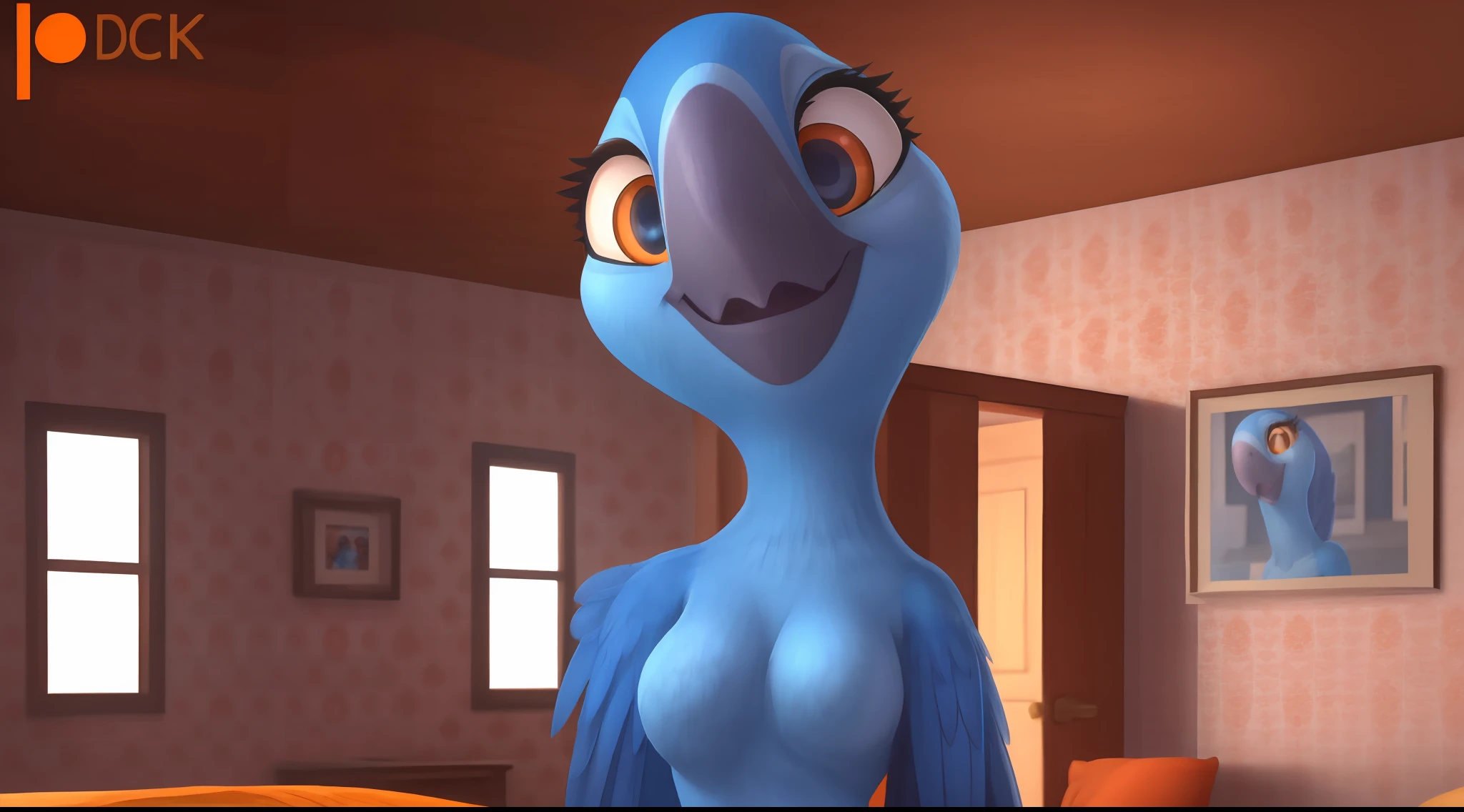 Portrait of Bia cartoon, cgi, female macaw, blue feathers, large pupils, front view, detailed, high quality, 4k, sweet smile, wooden house, interior, eyelashes, anthro, orange clothes, medium breasts,Do the same with the twitter logo