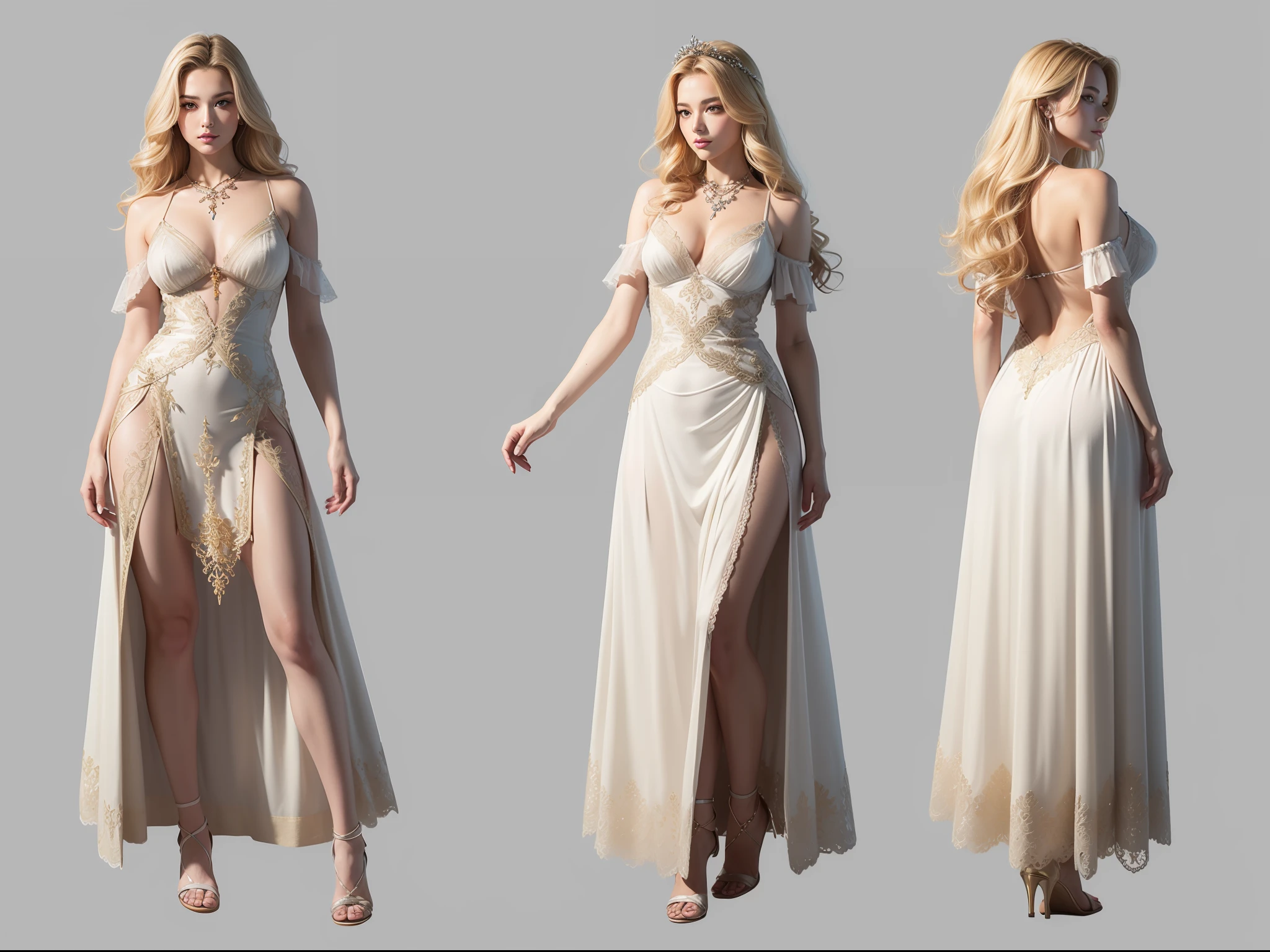 (masterpiece), ultra-detailed, 3 views, front view, side view , back view, different hair design, ultra detailed to each 3 views, full body, character detailed, or reference sketch of a Goddess, Greek mythology goddess, Aphrodite goddess, seductive face, glowing skin, with Greek traditional dress, very long wavy hair, blonde hair, ultra-realistic and sharp detail and intricate, intricate details, and style, simple background illustration